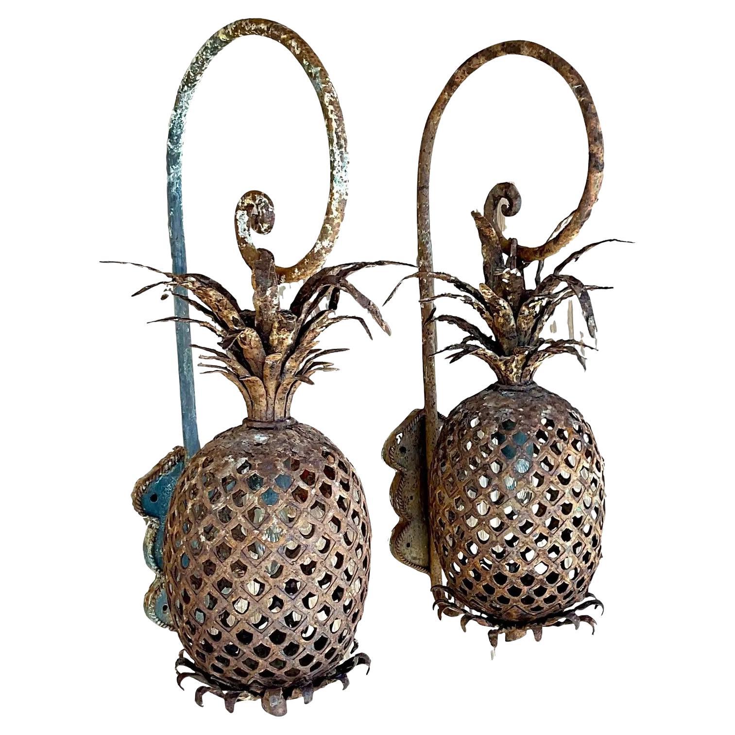 Vintage Regency Distressed Copper Pineapple Sconces, a Pair