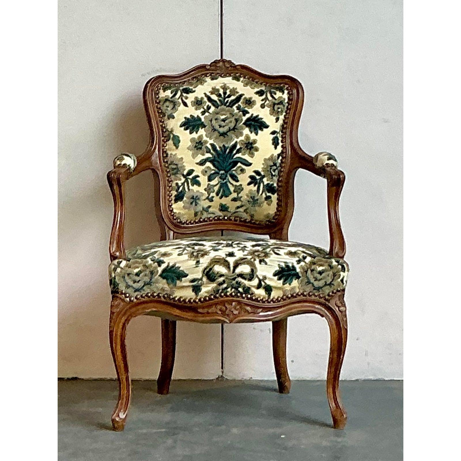 Vintage Regency Distressed Fleur De Leys Fireside Chair For Sale 1