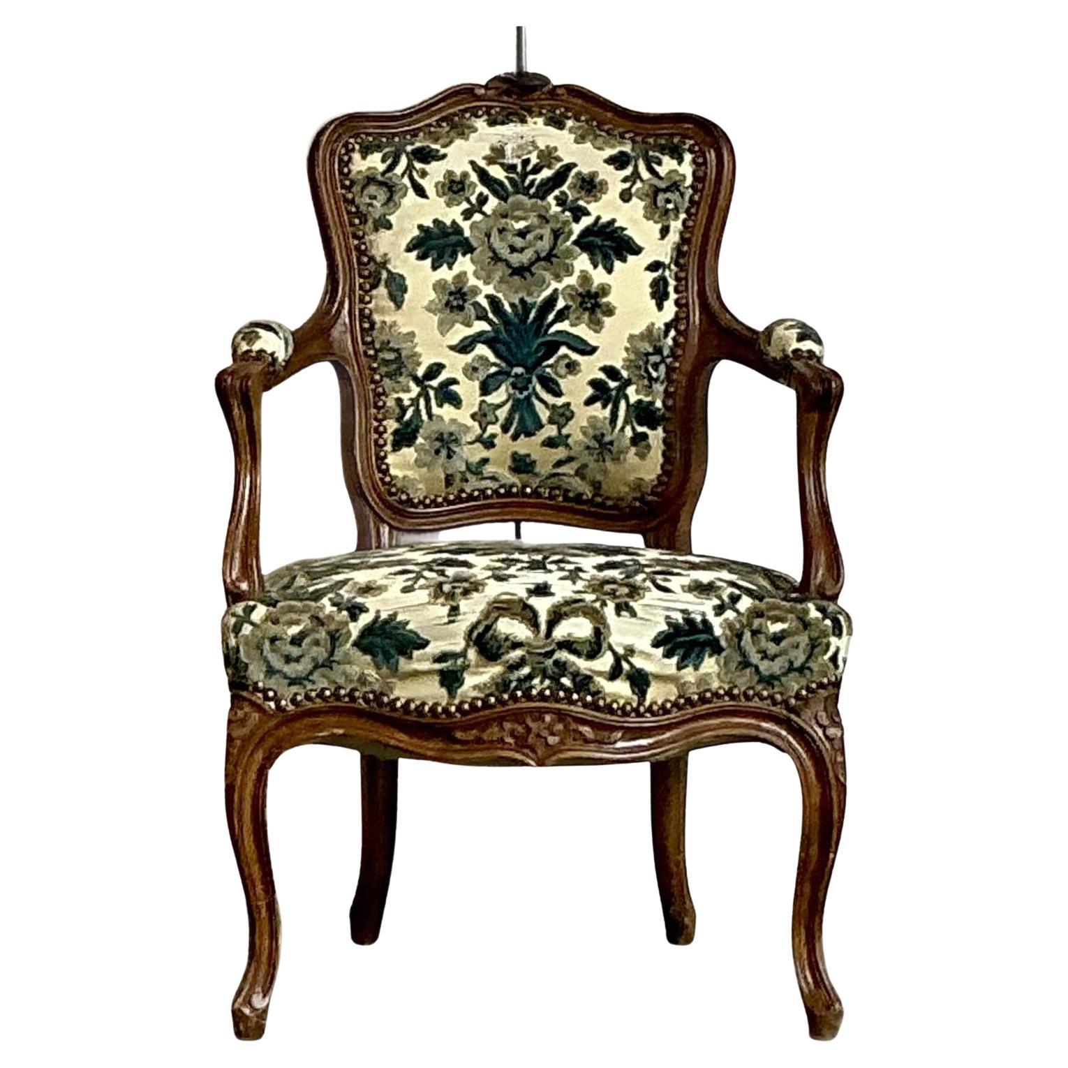 Vintage Regency Distressed Fleur De Leys Fireside Chair For Sale