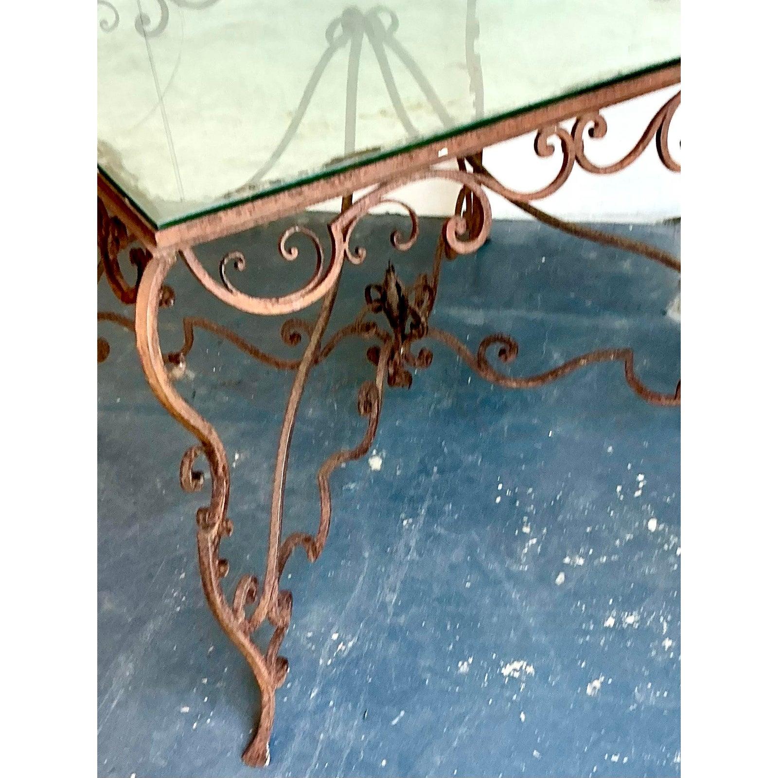 American Vintage Regency Distressed Wrought Iron Scroll Dining Table For Sale