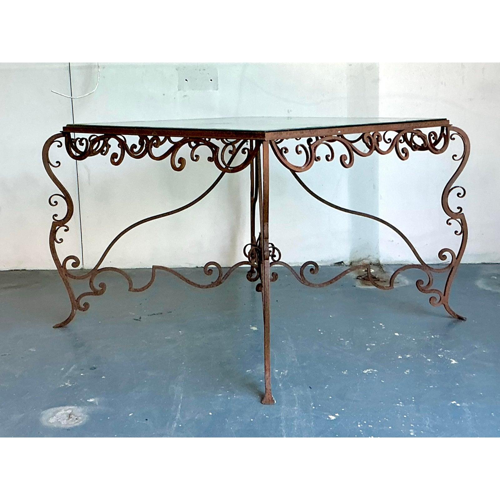 Vintage Regency Distressed Wrought Iron Scroll Dining Table In Good Condition For Sale In West Palm Beach, FL