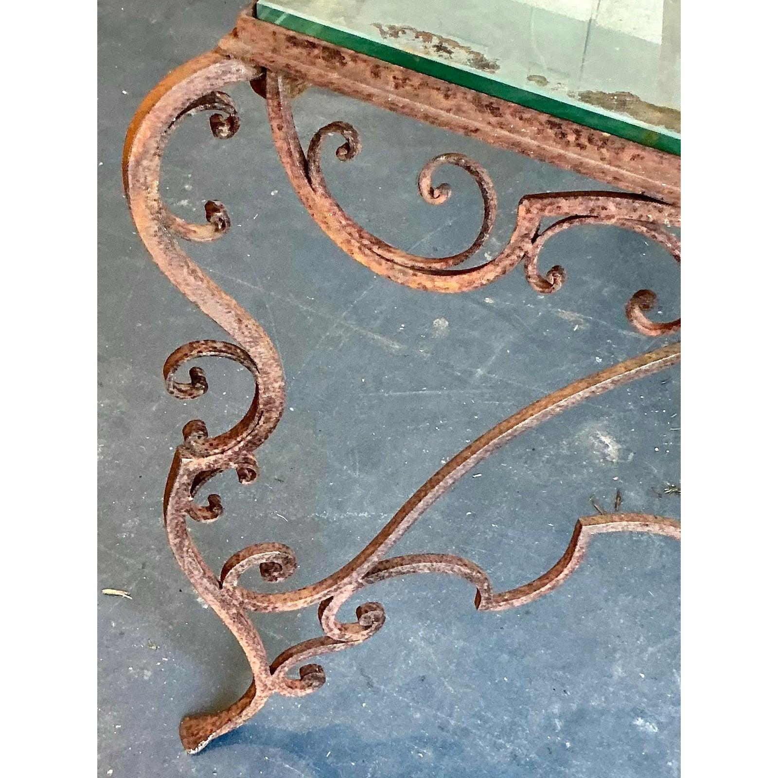 20th Century Vintage Regency Distressed Wrought Iron Scroll Dining Table For Sale