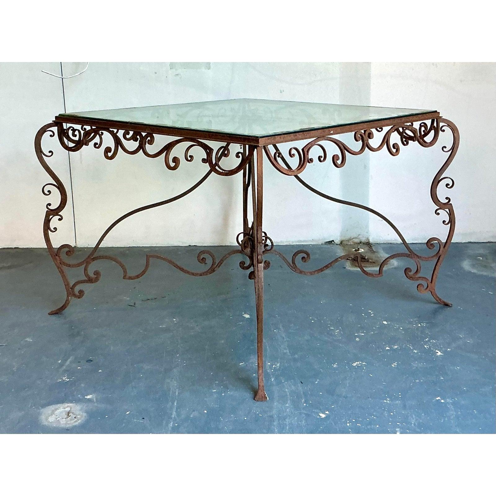 Glass Vintage Regency Distressed Wrought Iron Scroll Dining Table For Sale