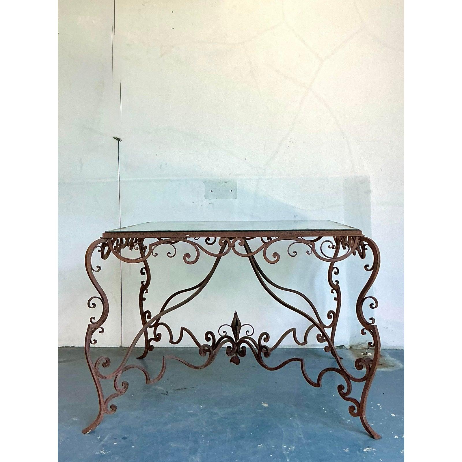 Vintage Regency Distressed Wrought Iron Scroll Dining Table For Sale 1