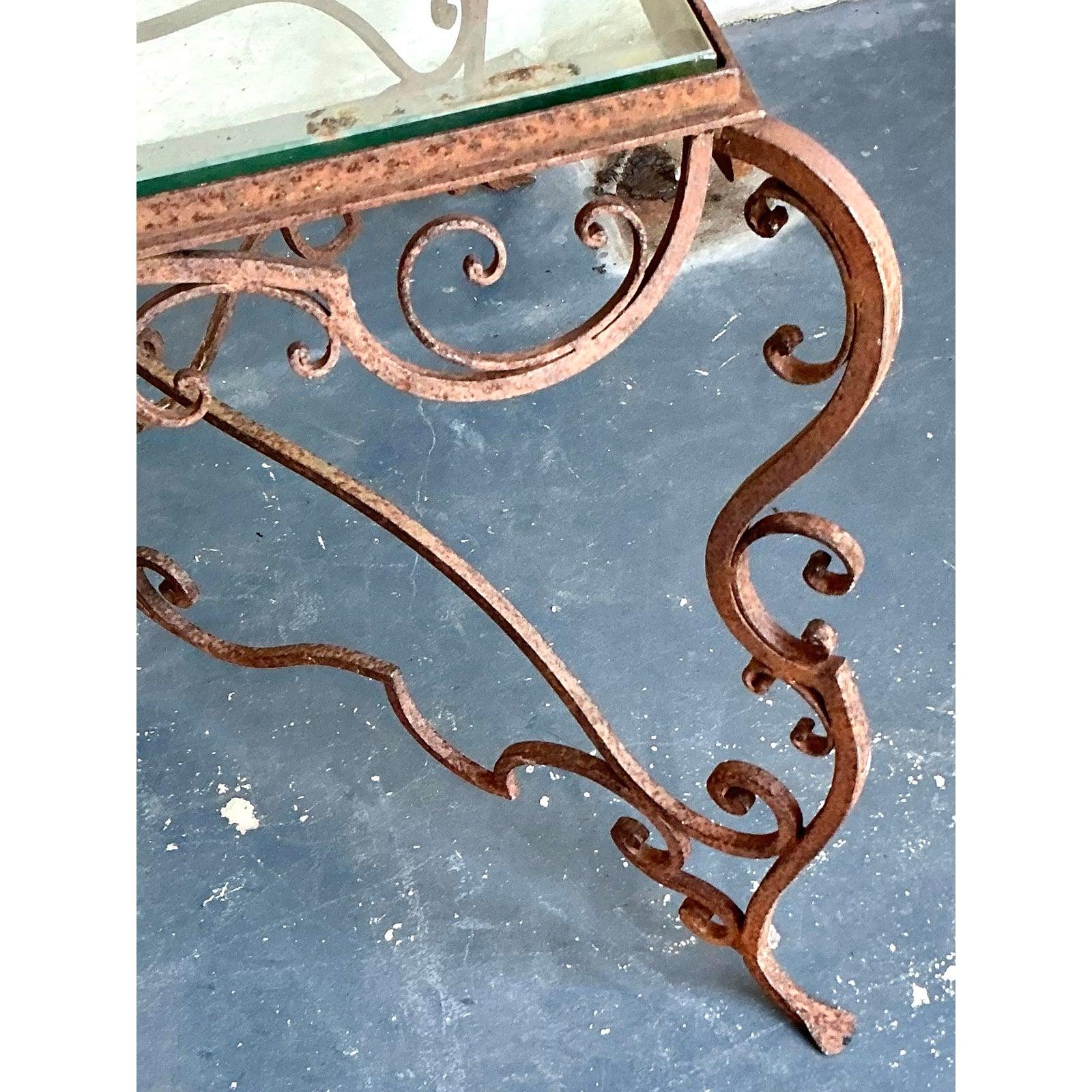 Vintage Regency Distressed Wrought Iron Scroll Dining Table For Sale 2