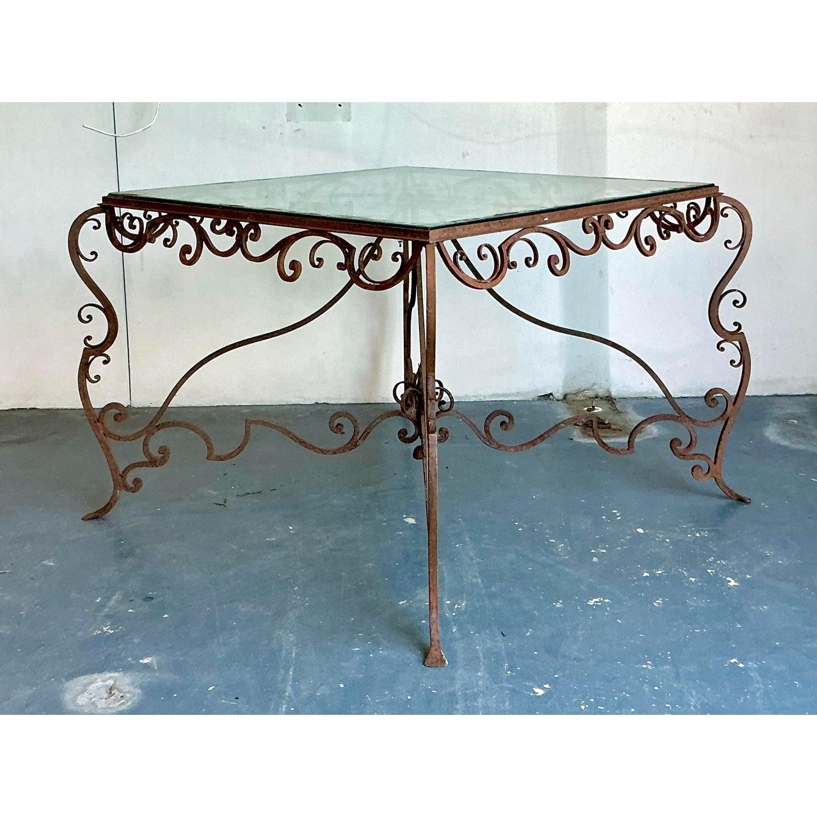 Vintage Regency Distressed Wrought Iron Scroll Dining Table For Sale 3