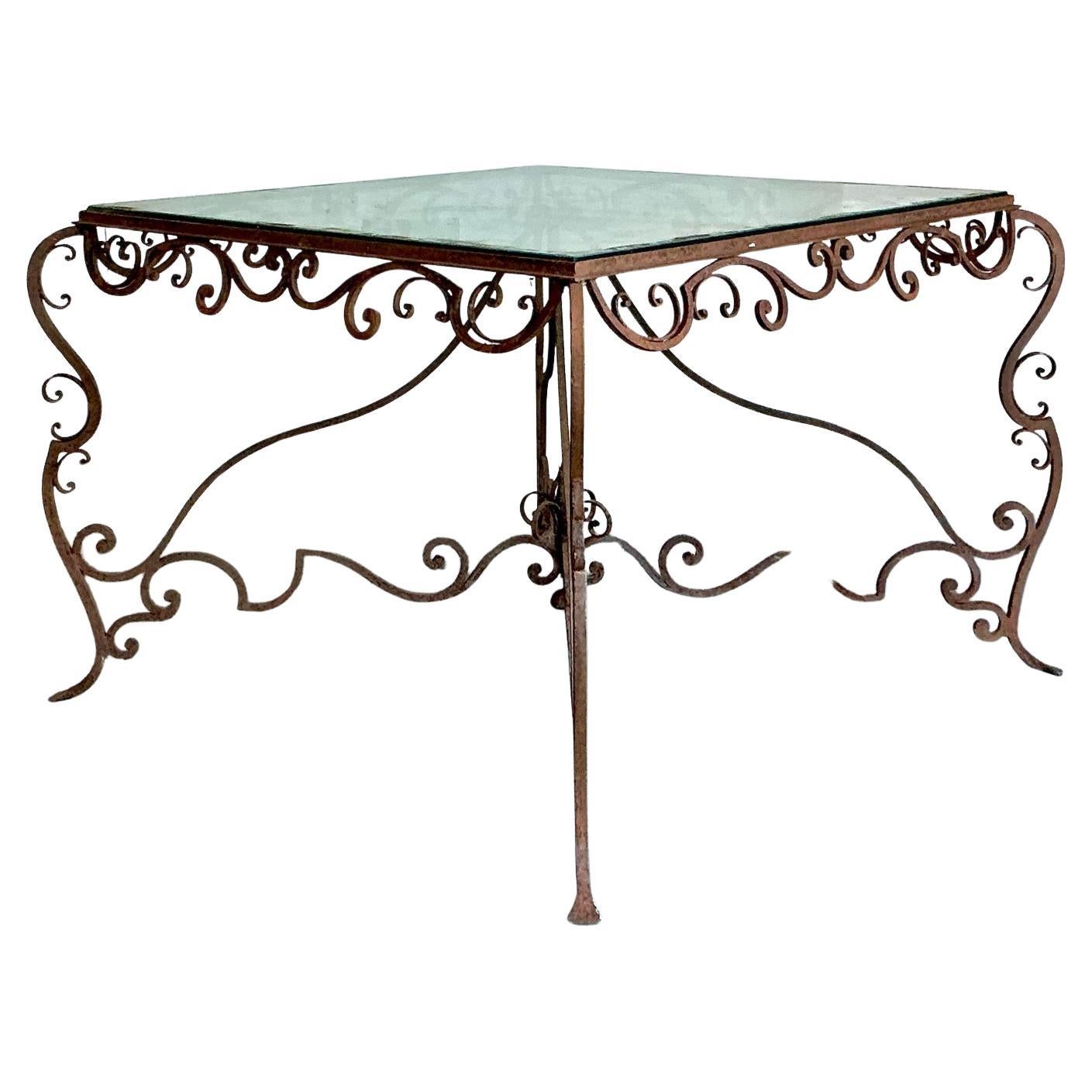 Vintage Regency Distressed Wrought Iron Scroll Dining Table For Sale