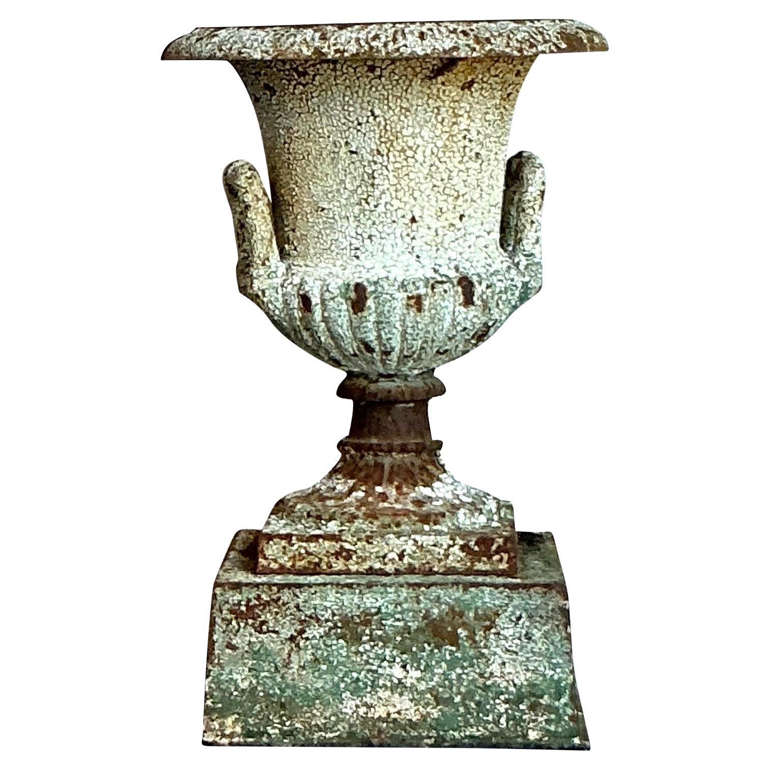 Vintage Regency Distressed Wrought Iron Urn