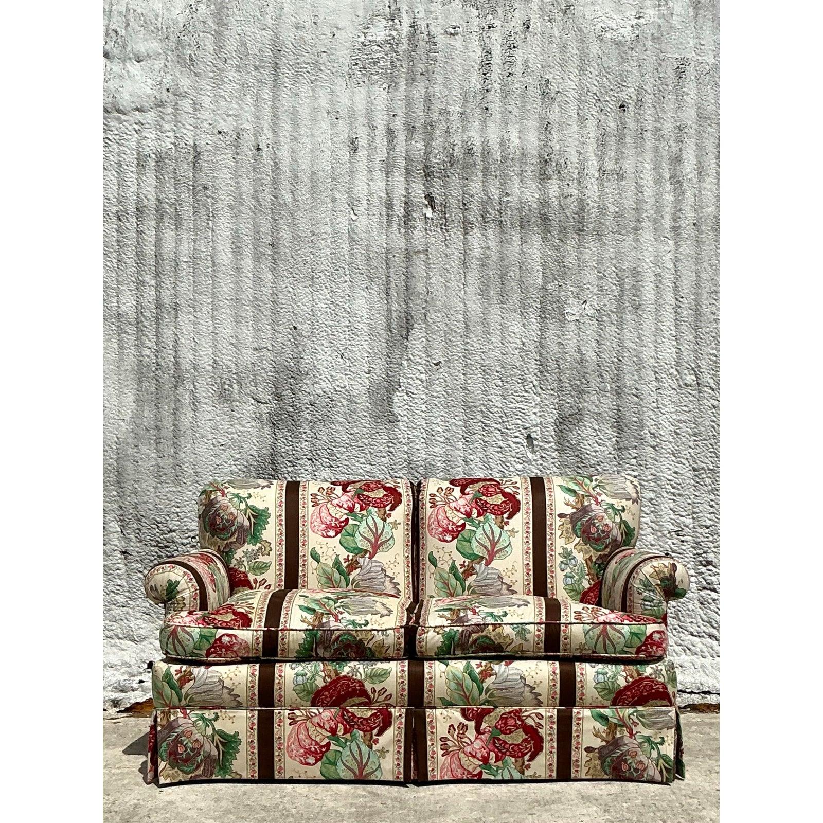 American Vintage Regency Down Loveseat in Brunschwig and Fils “La Portugaise”