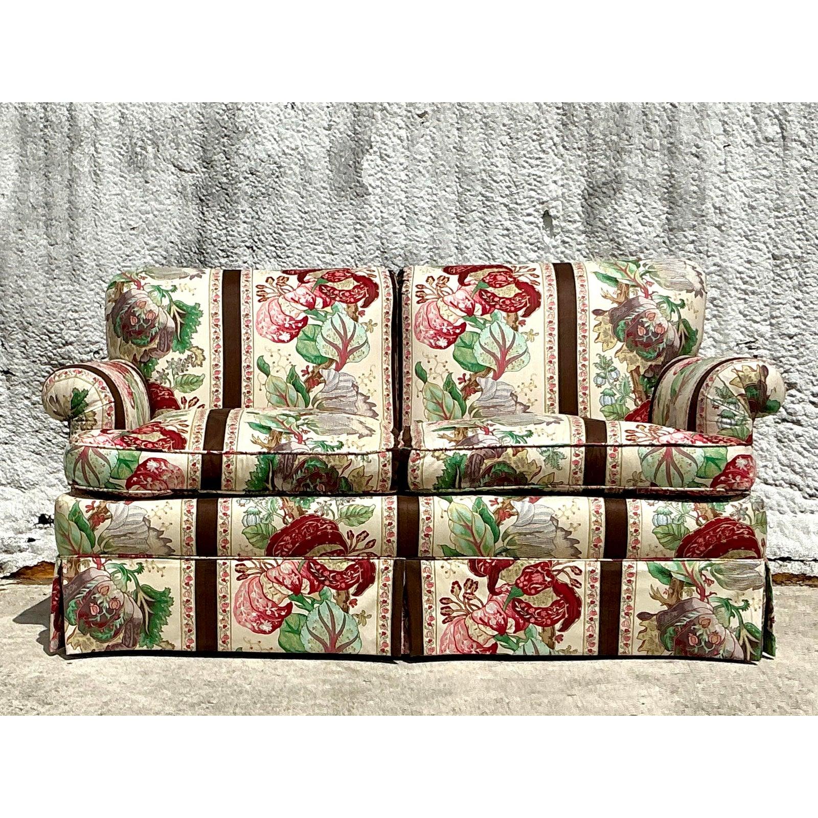 Vintage Regency Down Loveseat in Brunschwig and Fils “La Portugaise” In Good Condition In West Palm Beach, FL
