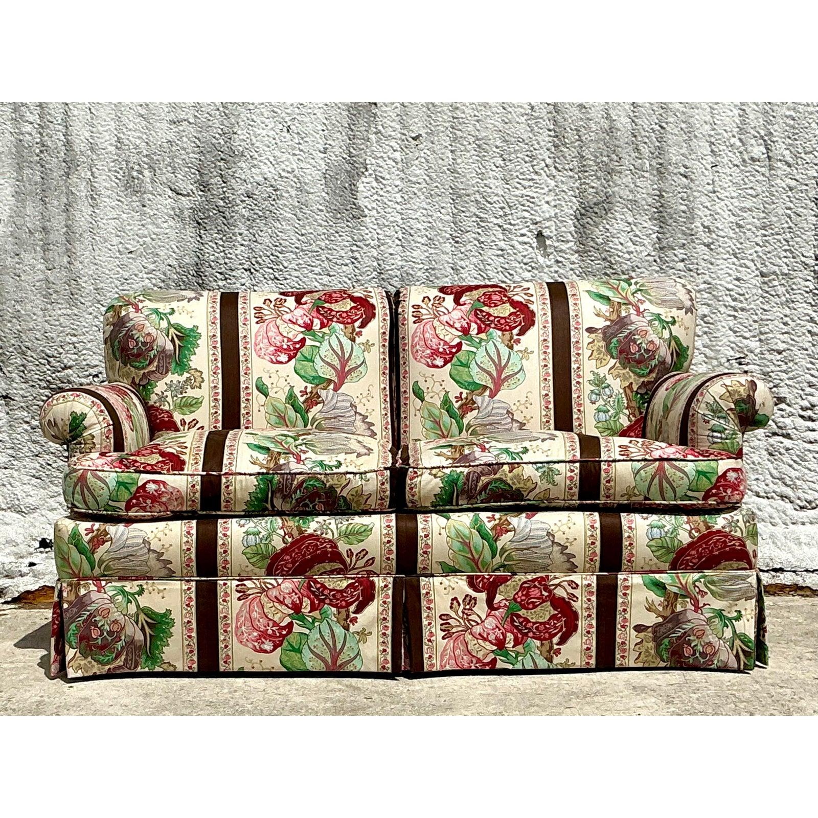 20th Century Vintage Regency Down Loveseat in Brunschwig and Fils “La Portugaise”