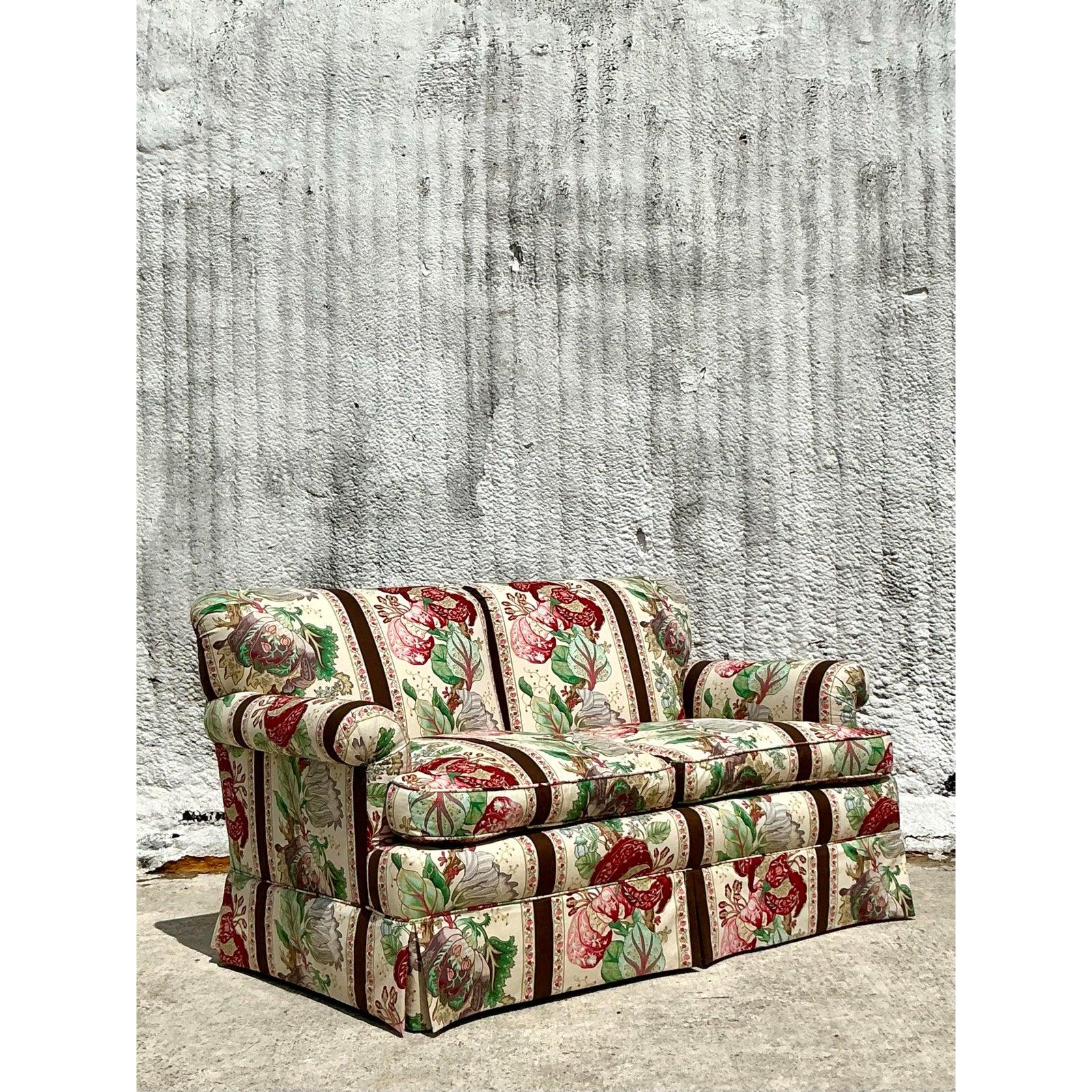 Fabric Vintage Regency Down Loveseat in Brunschwig and Fils “La Portugaise”
