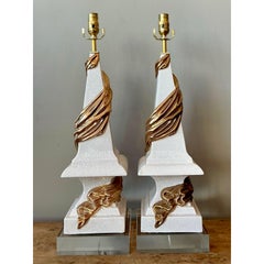 Vintage Regency Draped Swag Glazed Ceramic Lamps - A Pair