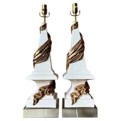 Vintage Regency Draped Swag Glazed Ceramic Lamps - A Pair