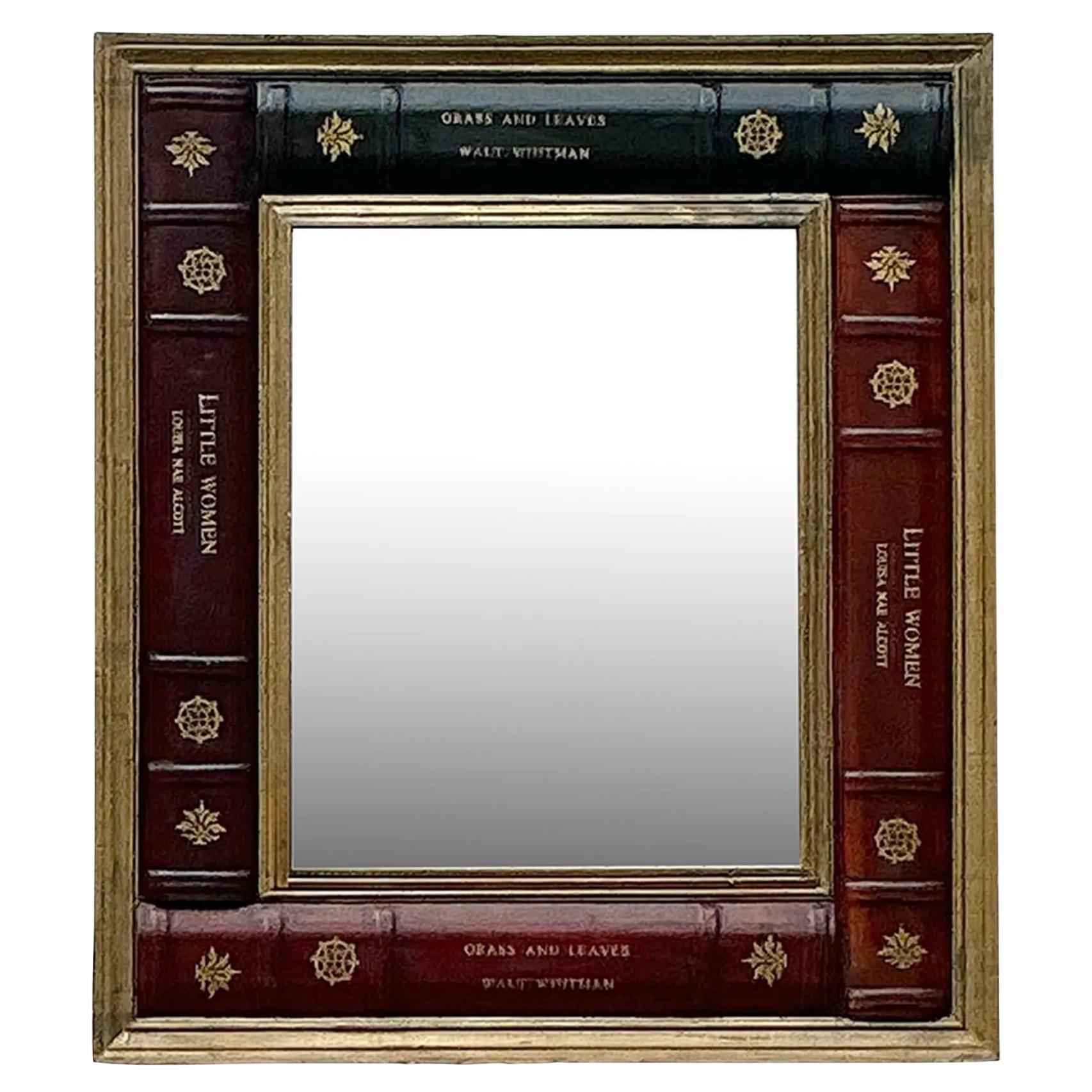 Vintage Regency Embossed Leather Books Mirror