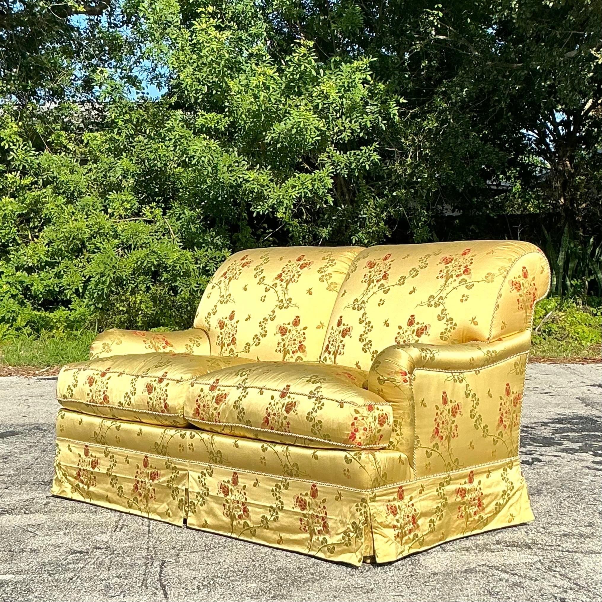 American Vintage Regency Embroidered Satin Floral Down Loveseat