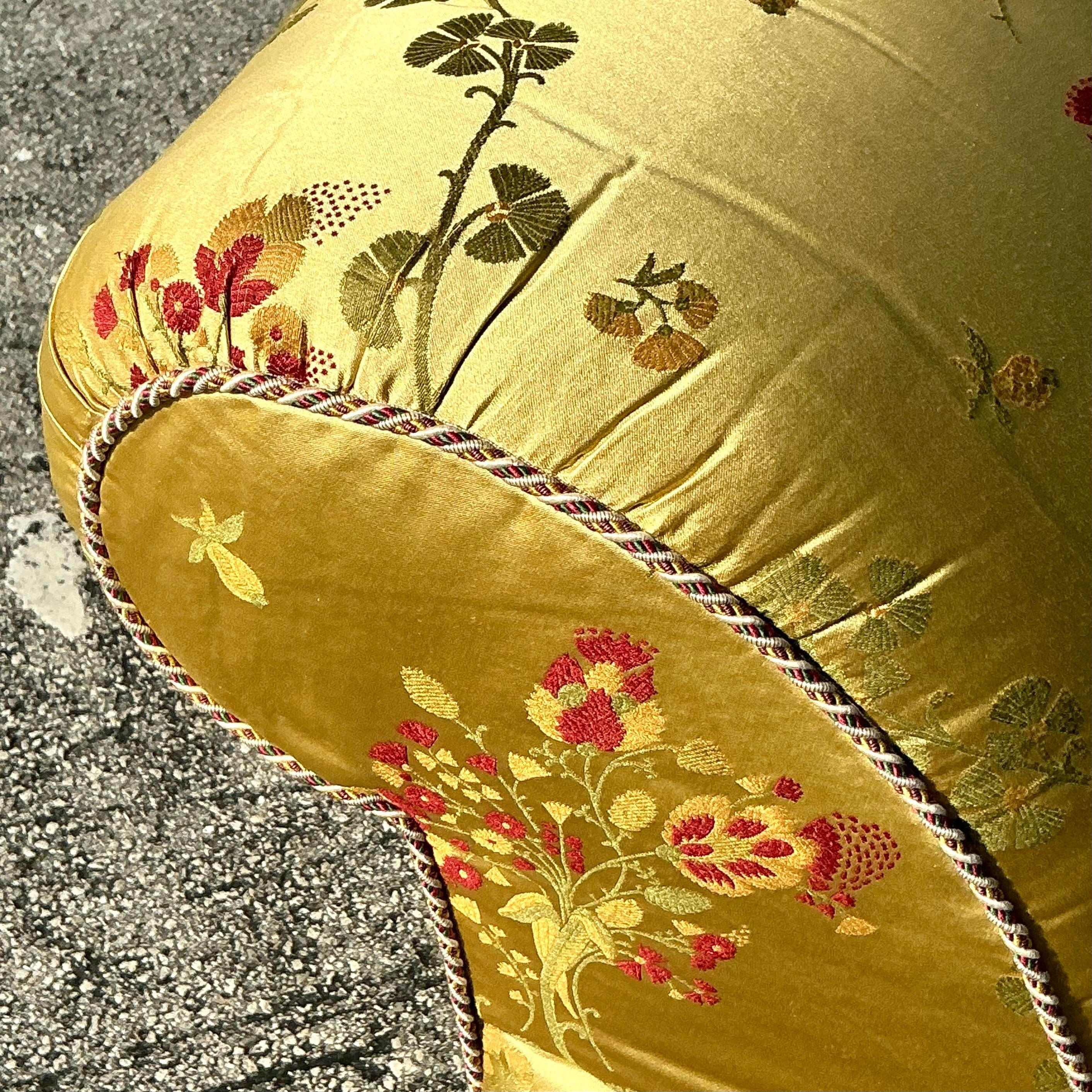 Vintage Regency Embroidered Satin Floral Down Loveseat In Good Condition In West Palm Beach, FL