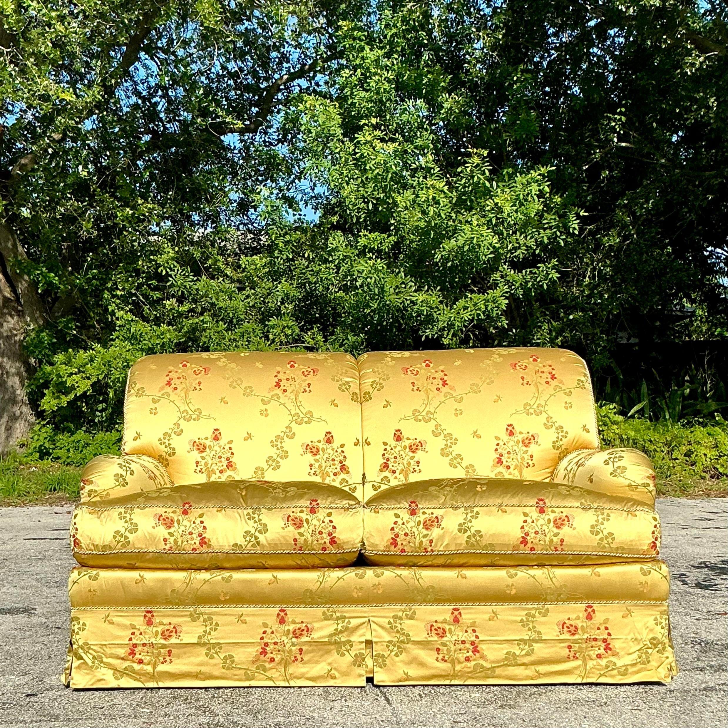 20th Century Vintage Regency Embroidered Satin Floral Down Loveseat