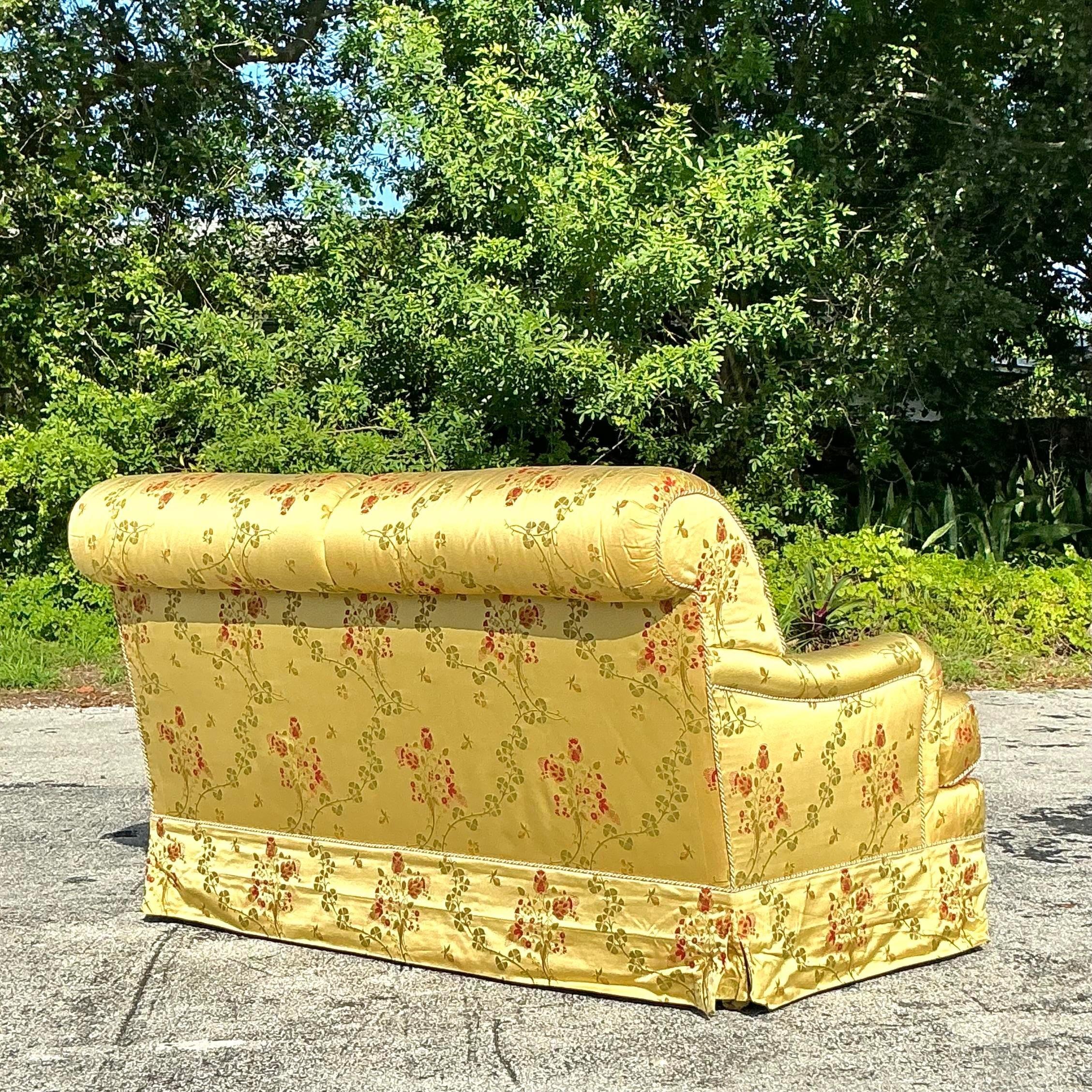 Upholstery Vintage Regency Embroidered Satin Floral Down Loveseat