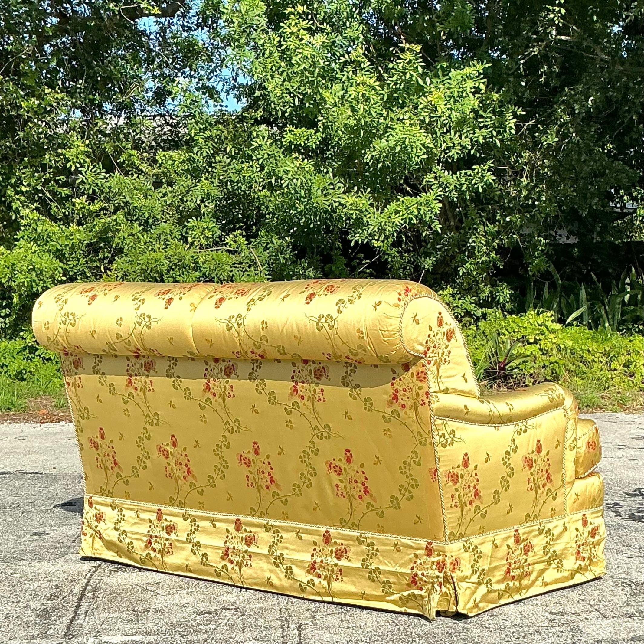 Vintage Regency Embroidered Satin Floral Down Loveseat 1