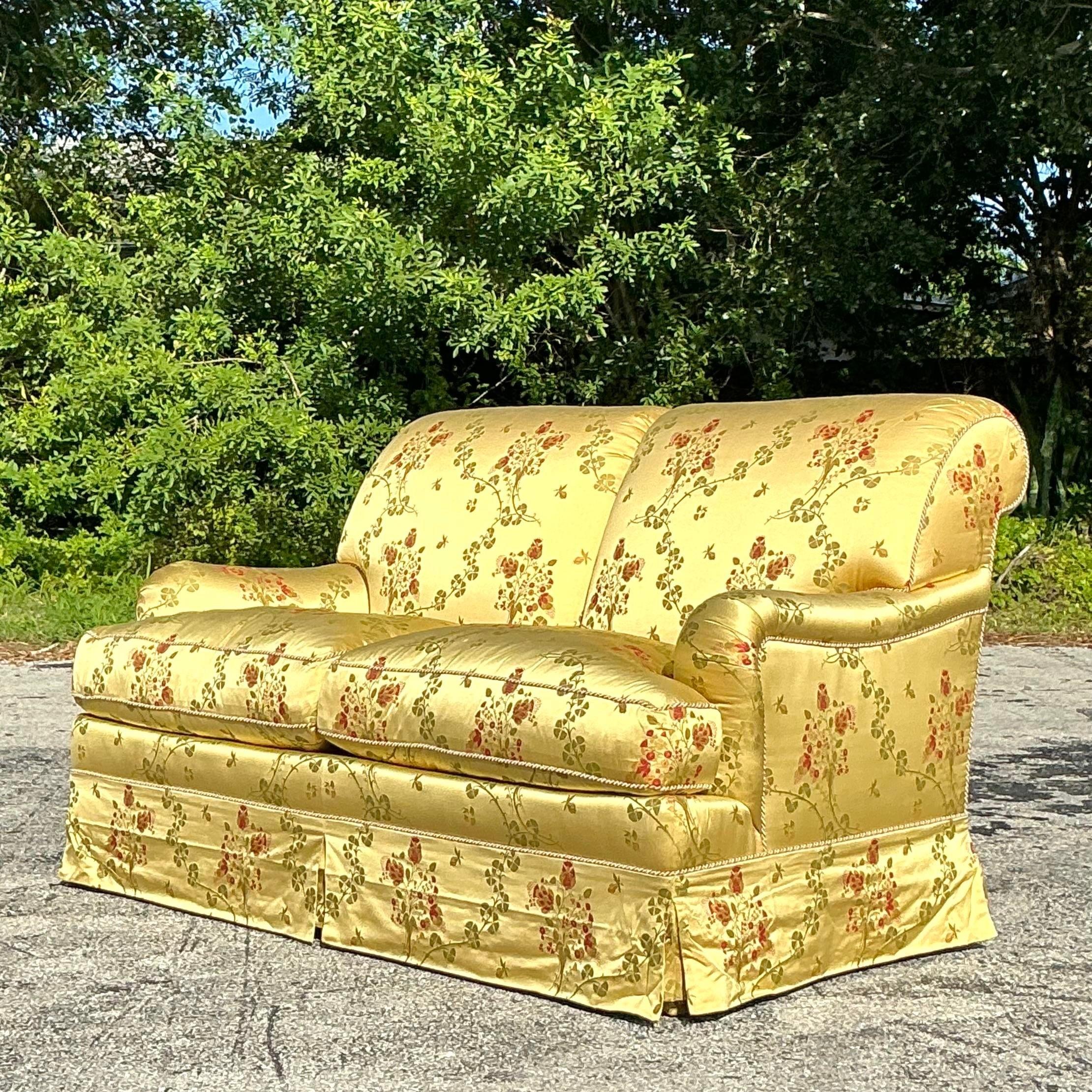 Vintage Regency Embroidered Satin Floral Down Loveseat 2