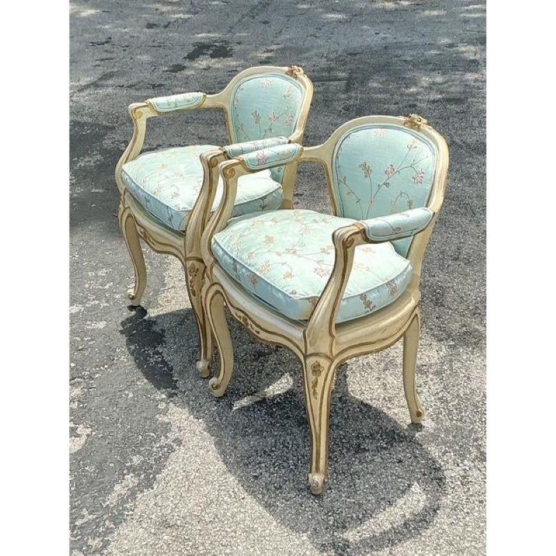 American Vintage Regency Embroidered Shantung Silk Fauteuil Chairs - A Pair For Sale