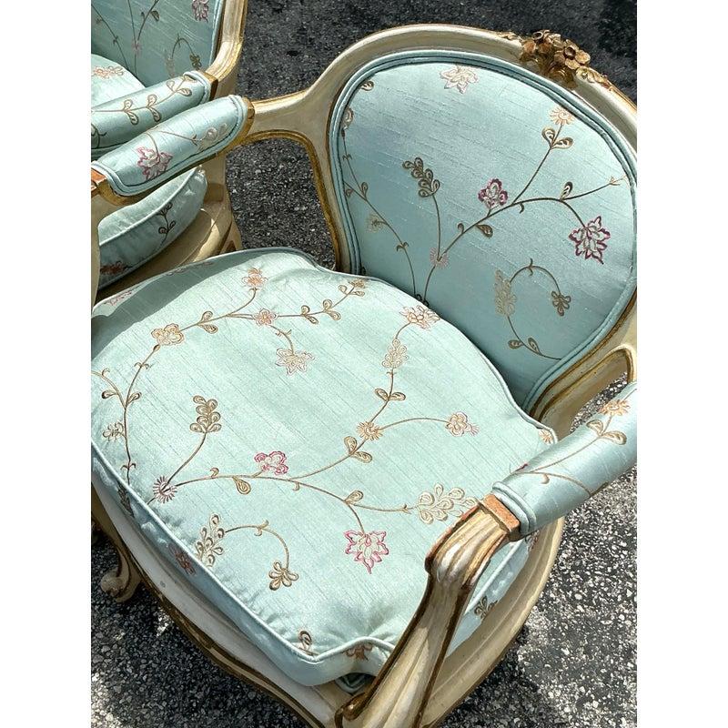 Vintage Regency Embroidered Shantung Silk Fauteuil Chairs - A Pair In Good Condition For Sale In west palm beach, FL