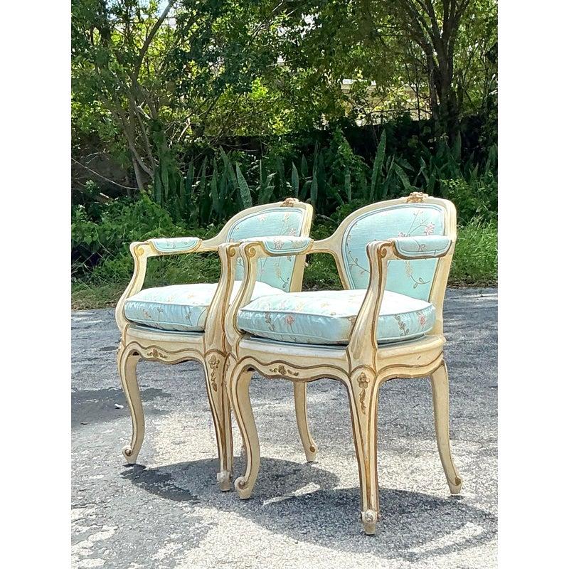 20th Century Vintage Regency Embroidered Shantung Silk Fauteuil Chairs - A Pair For Sale