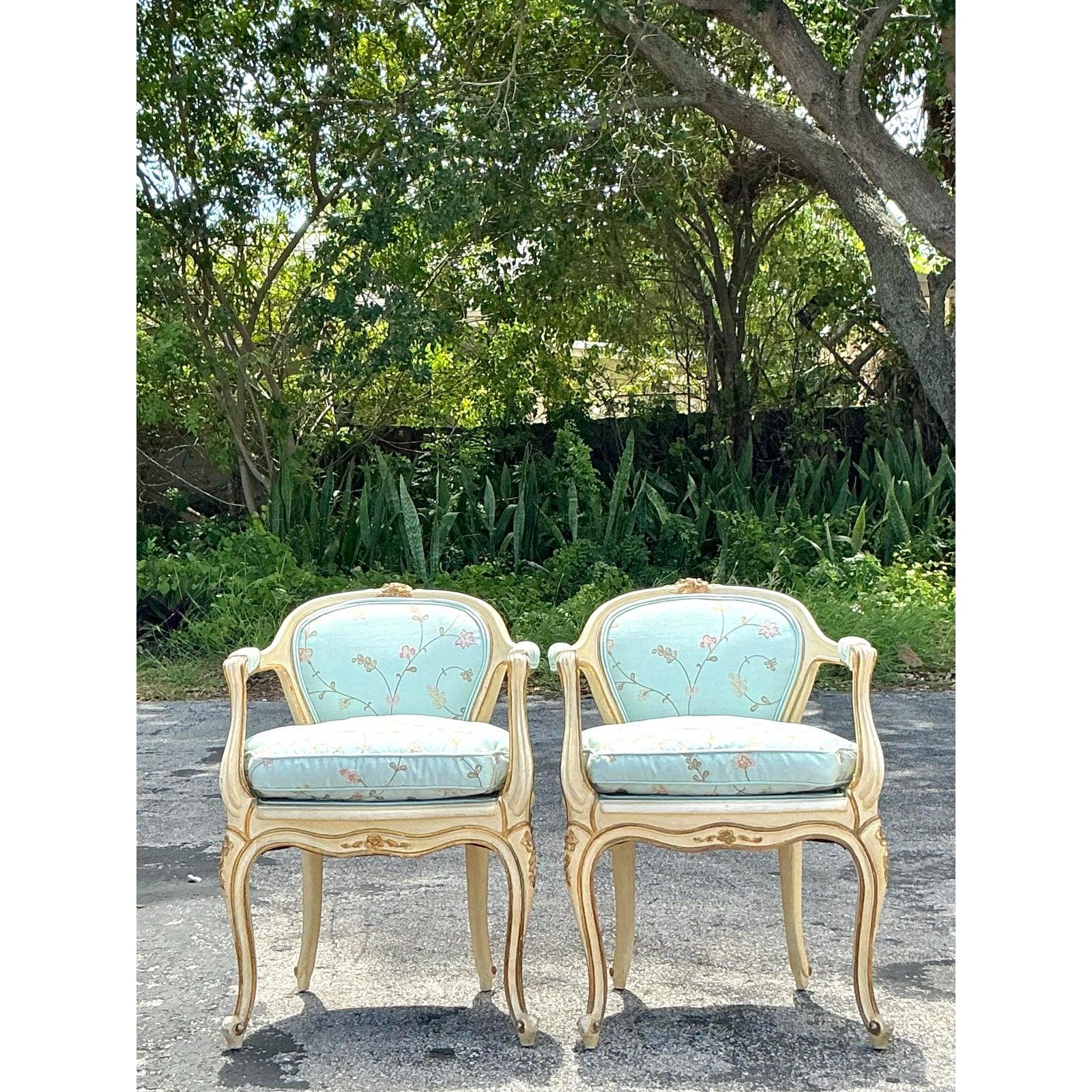 Fabric Vintage Regency Embroidered Shantung Silk Fauteuil Chairs - A Pair For Sale