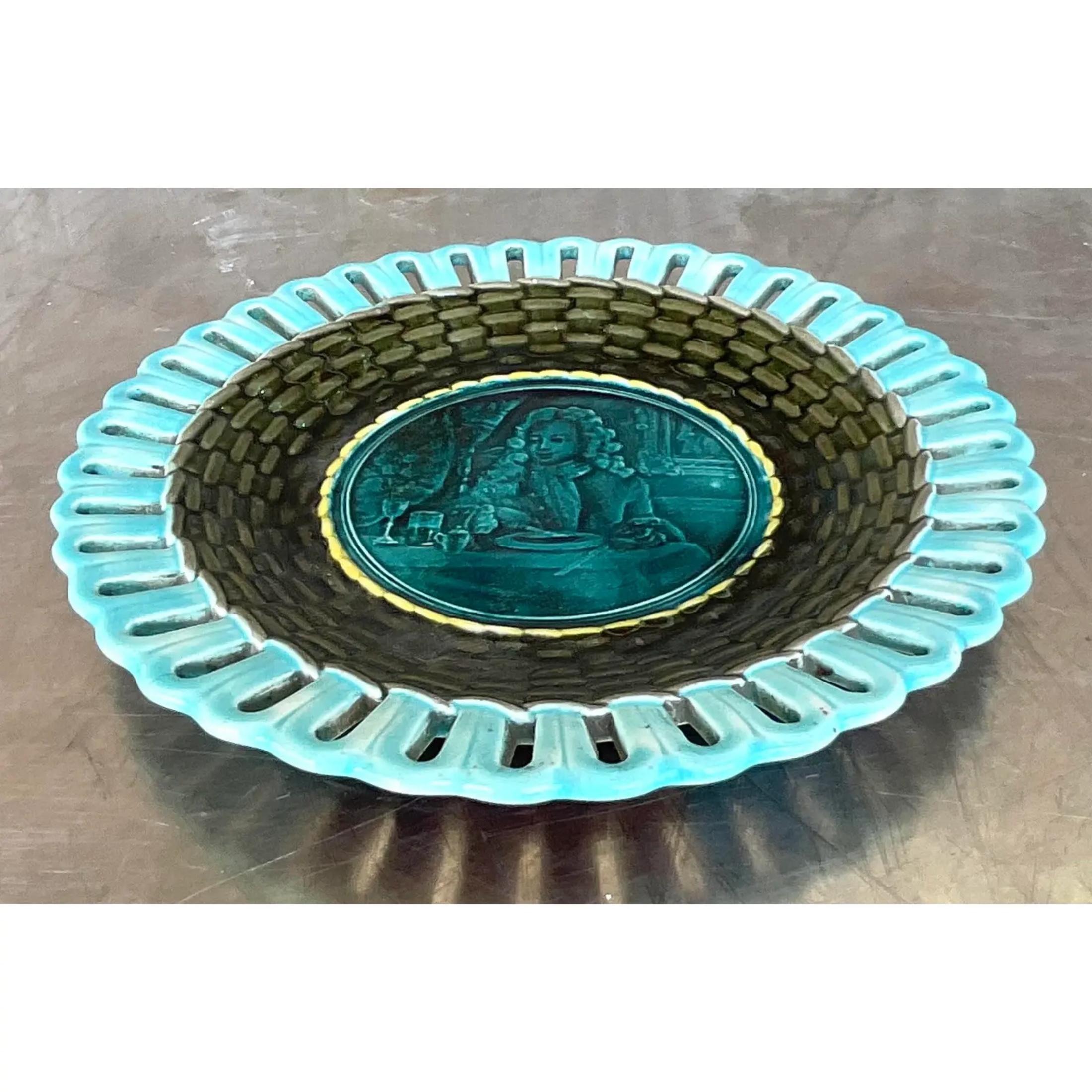 A fantastic vintage Regency plate. Made by the iconic Wedgwood group and signed on the bottom. A beautiful blue green high gloss glazed finish. Acquired from a Palm Beach estate