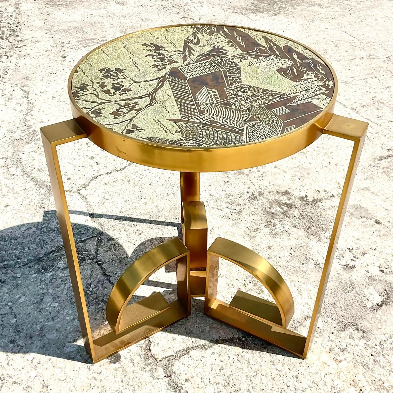 Fantastic vintage Regency side table. A chic etched top done in the manner of Phillip Laverne. Cast aluminum pedestal with a sleek wide band design. Acquired from a Palm Beach estate. 