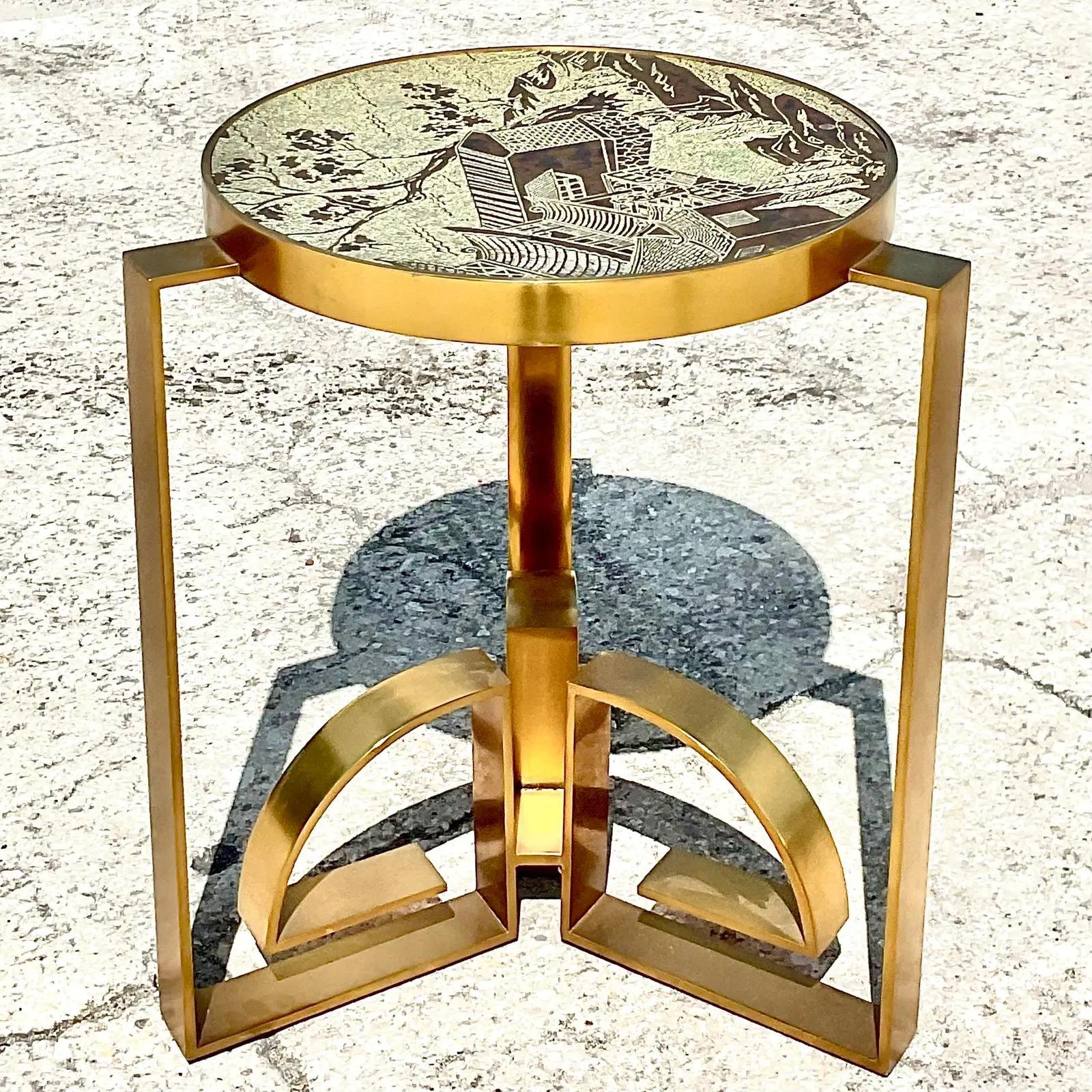 North American Vintage Regency Etched Bronze Side Table After Phillip Laverne