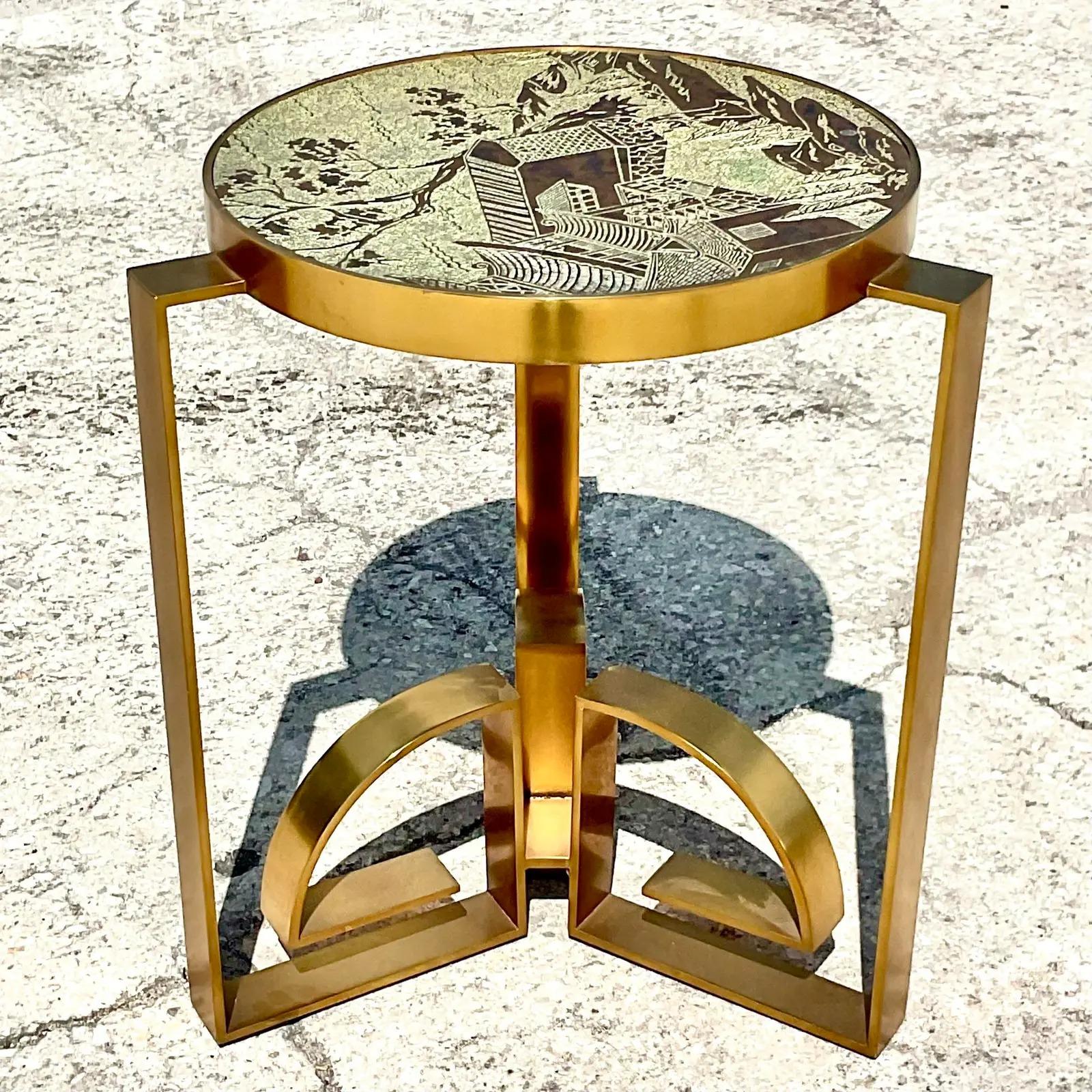 Vintage Regency Etched Bronze Side Table After Phillip Laverne In Good Condition In west palm beach, FL