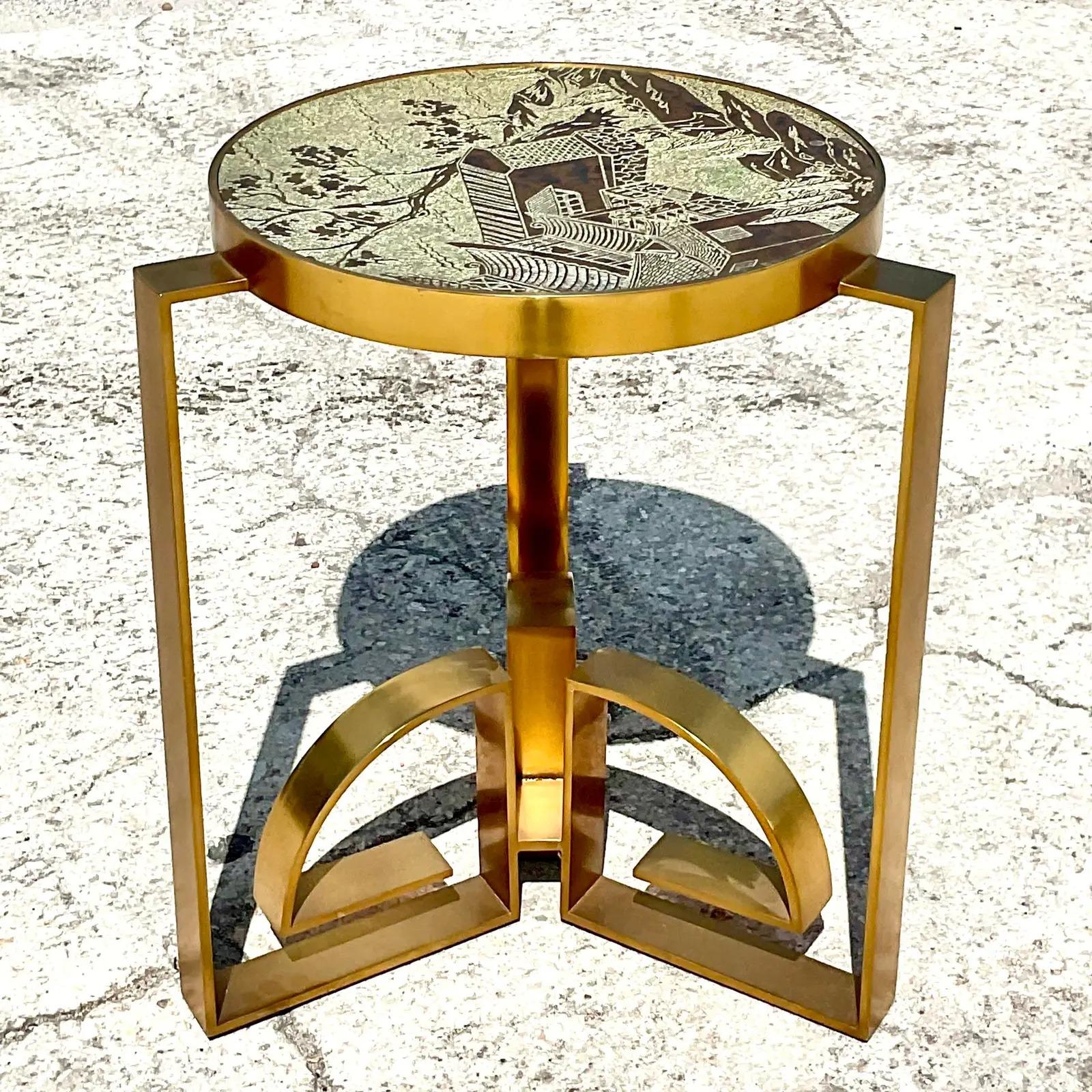 20th Century Vintage Regency Etched Bronze Side Table After Phillip Laverne
