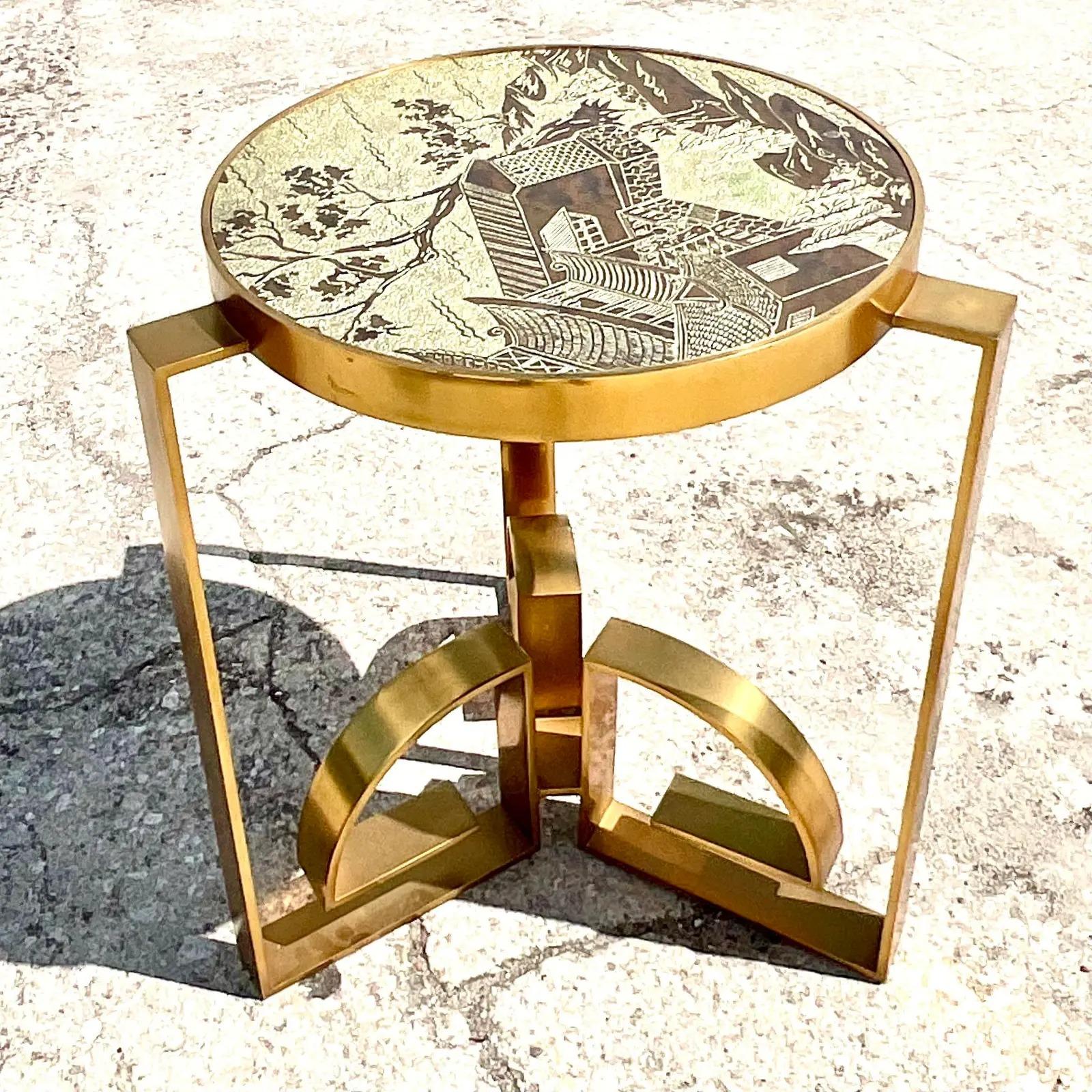 Aluminum Vintage Regency Etched Bronze Side Table After Phillip Laverne