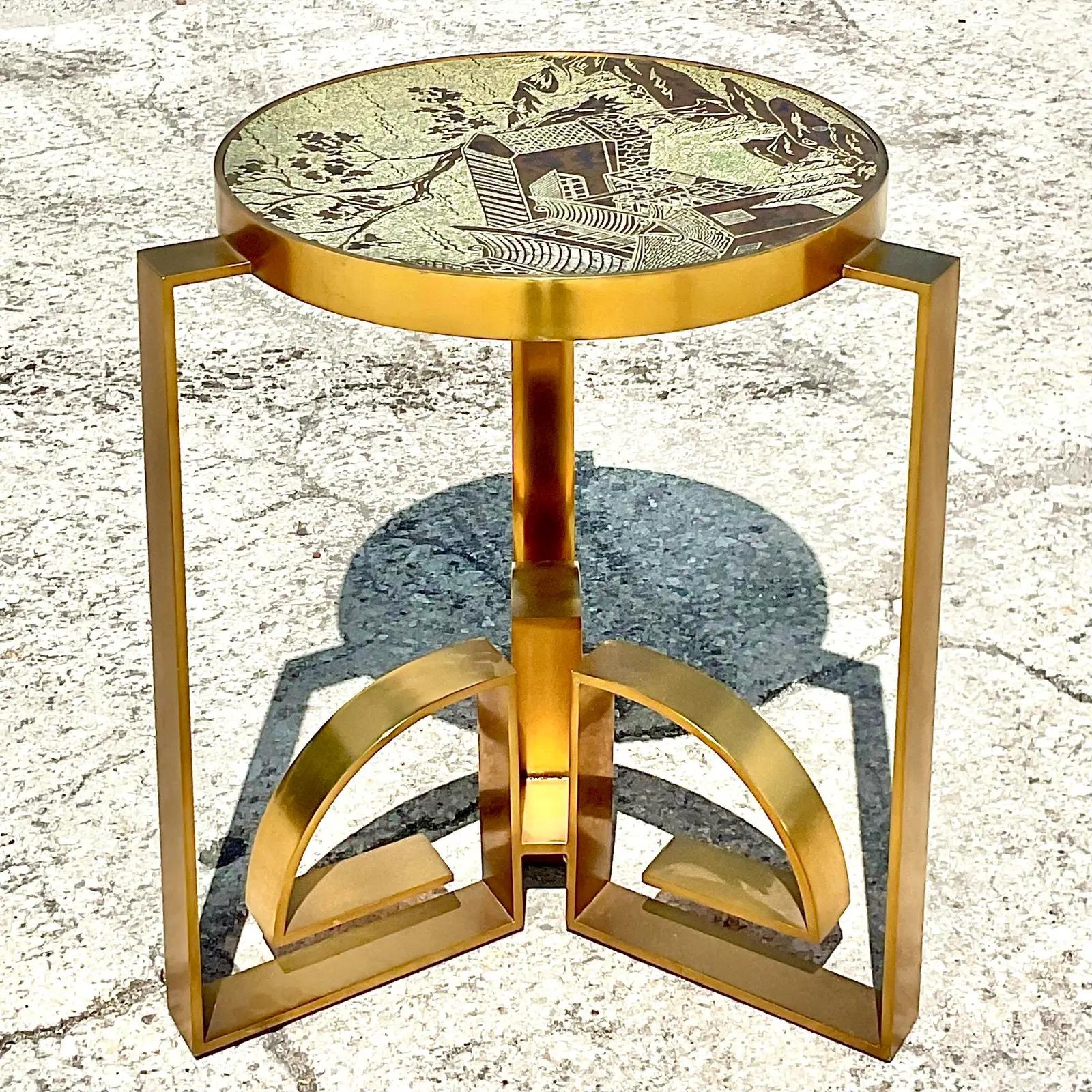 Vintage Regency Etched Bronze Side Table After Phillip Laverne 1