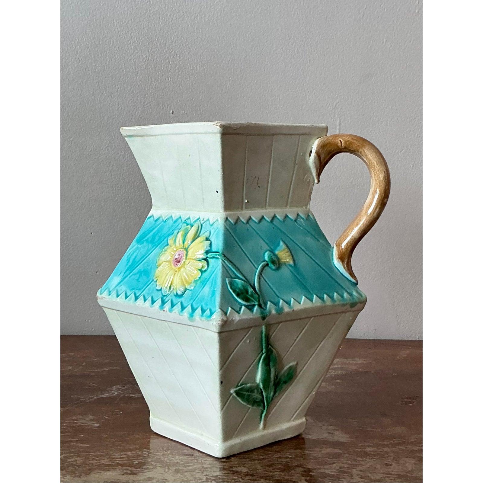 Art Nouveau Vintage Regency Faceted Majolica Pitcher For Sale
