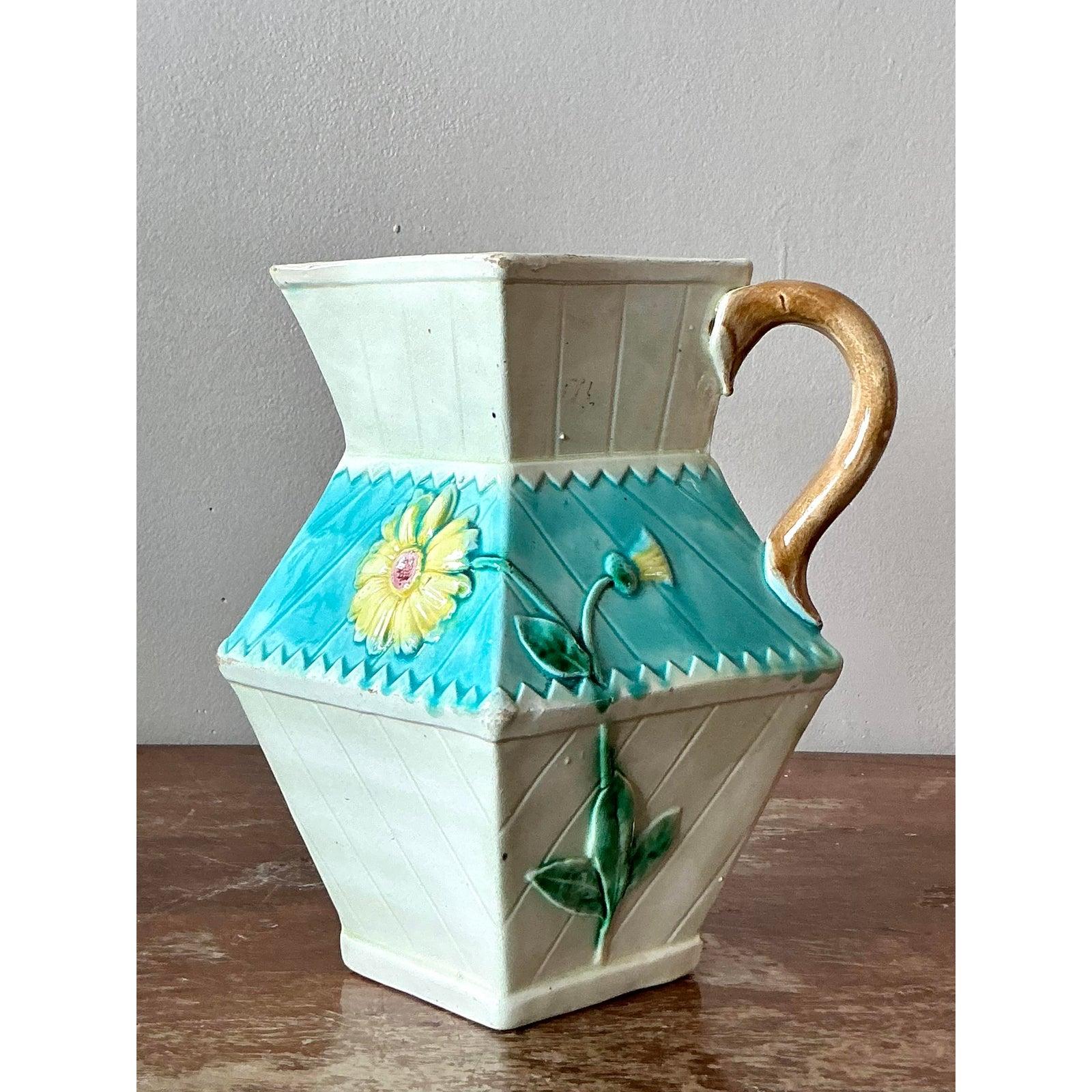 British Vintage Regency Faceted Majolica Pitcher For Sale