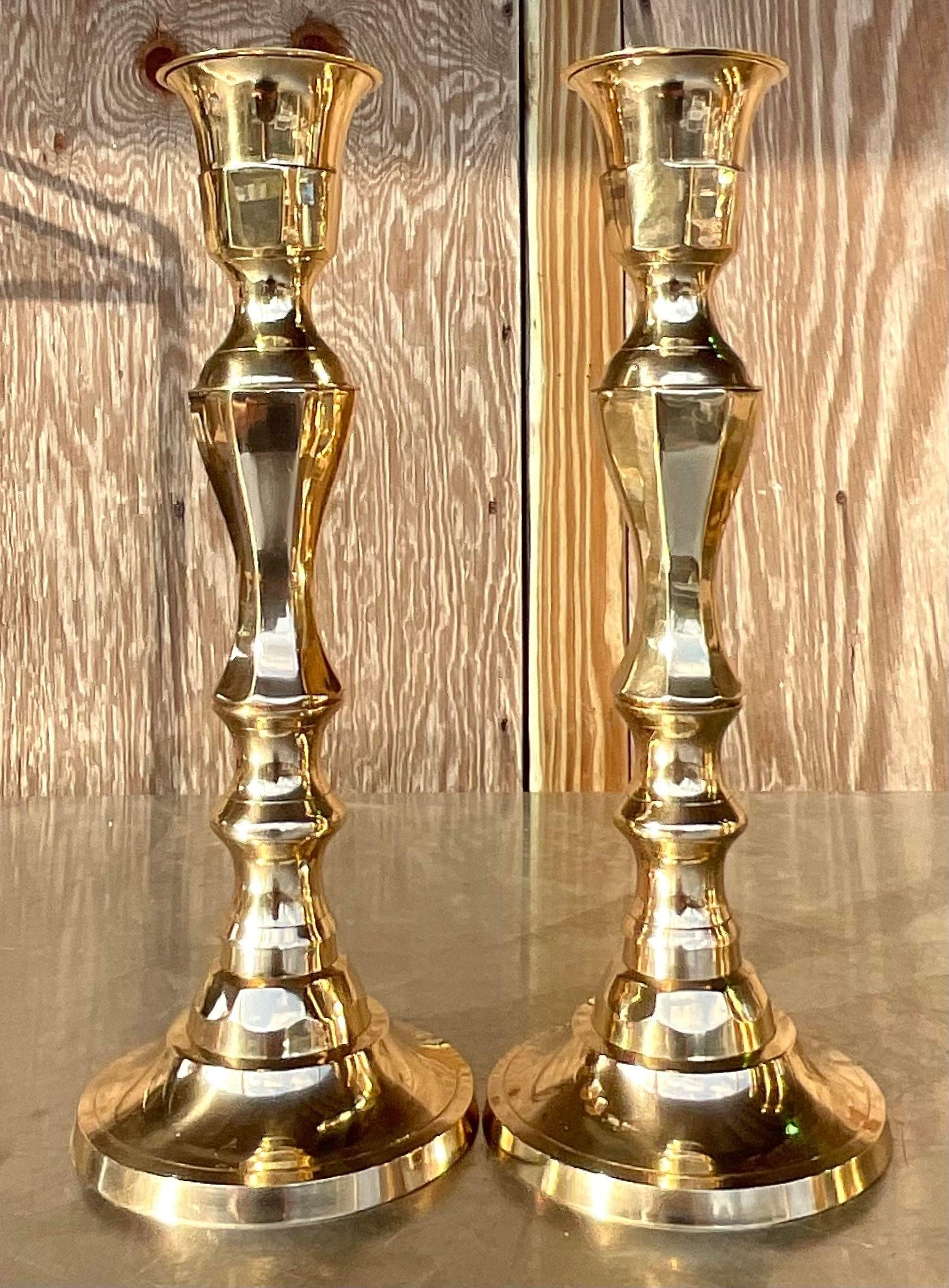 Vintage Regency Faceted Polished Brass Candlesticks - a Pair In Good Condition For Sale In west palm beach, FL