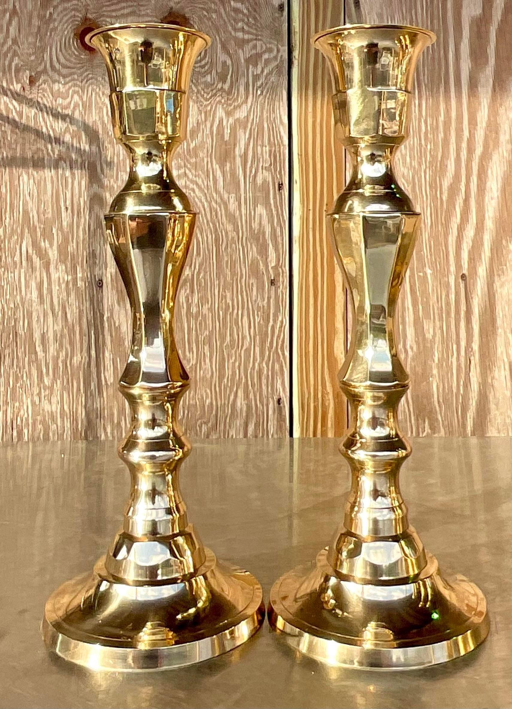 20th Century Vintage Regency Faceted Polished Brass Candlesticks - a Pair For Sale
