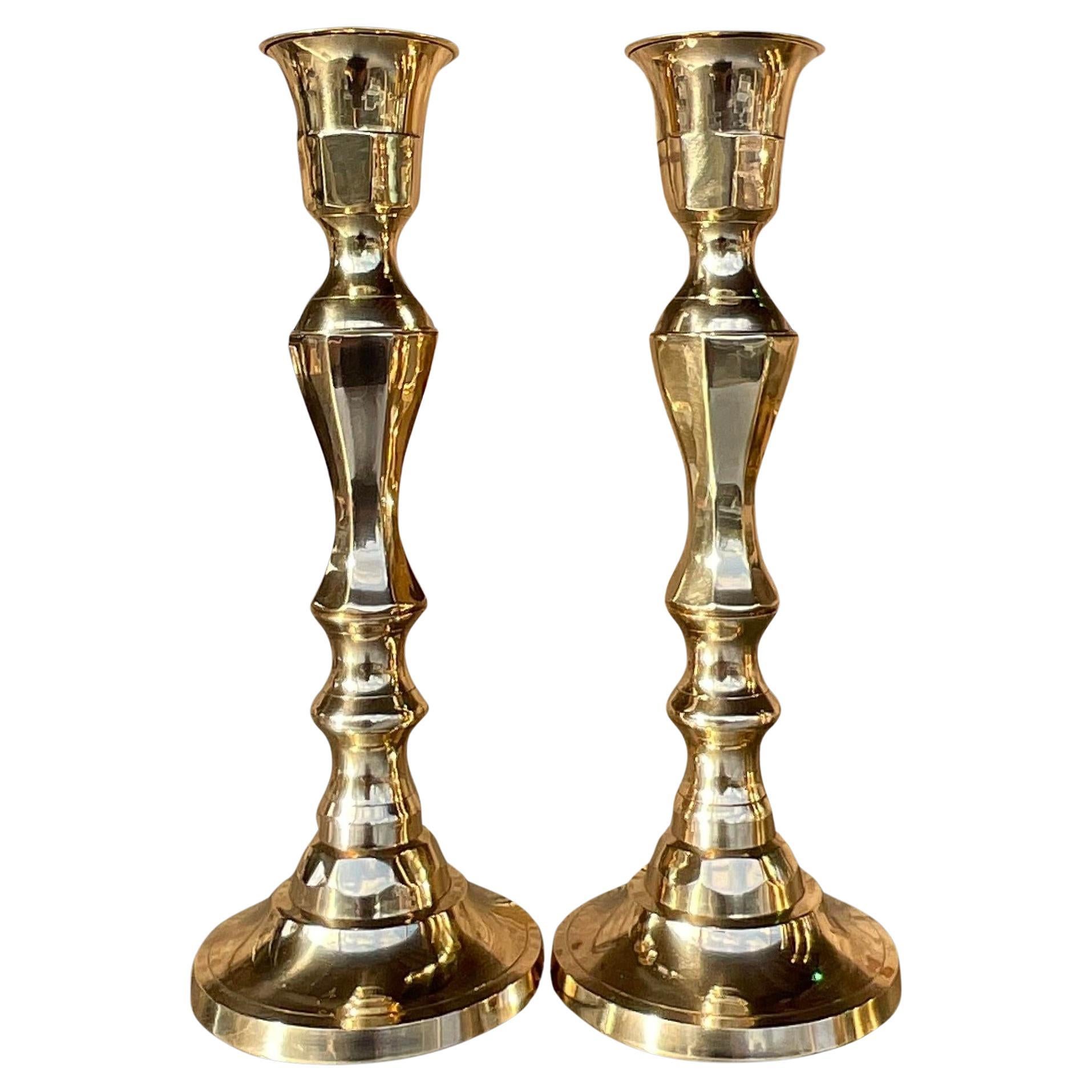 Vintage Regency Faceted Polished Brass Candlesticks - a Pair