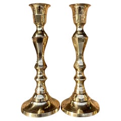 Retro Regency Faceted Polished Brass Candlesticks - a Pair