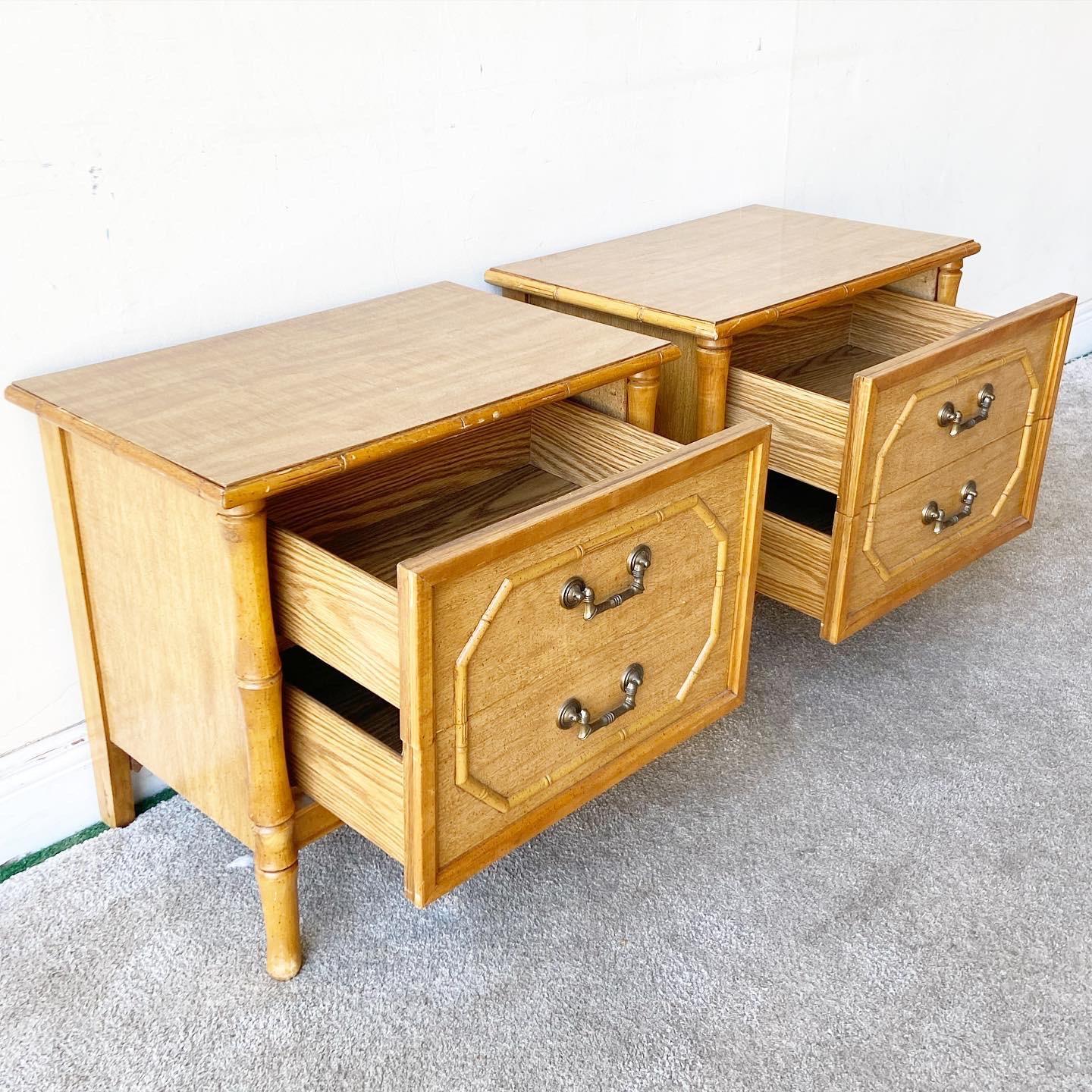 Vintage Regency Faux Bamboo Nightstands by Broyhill In Good Condition In Delray Beach, FL
