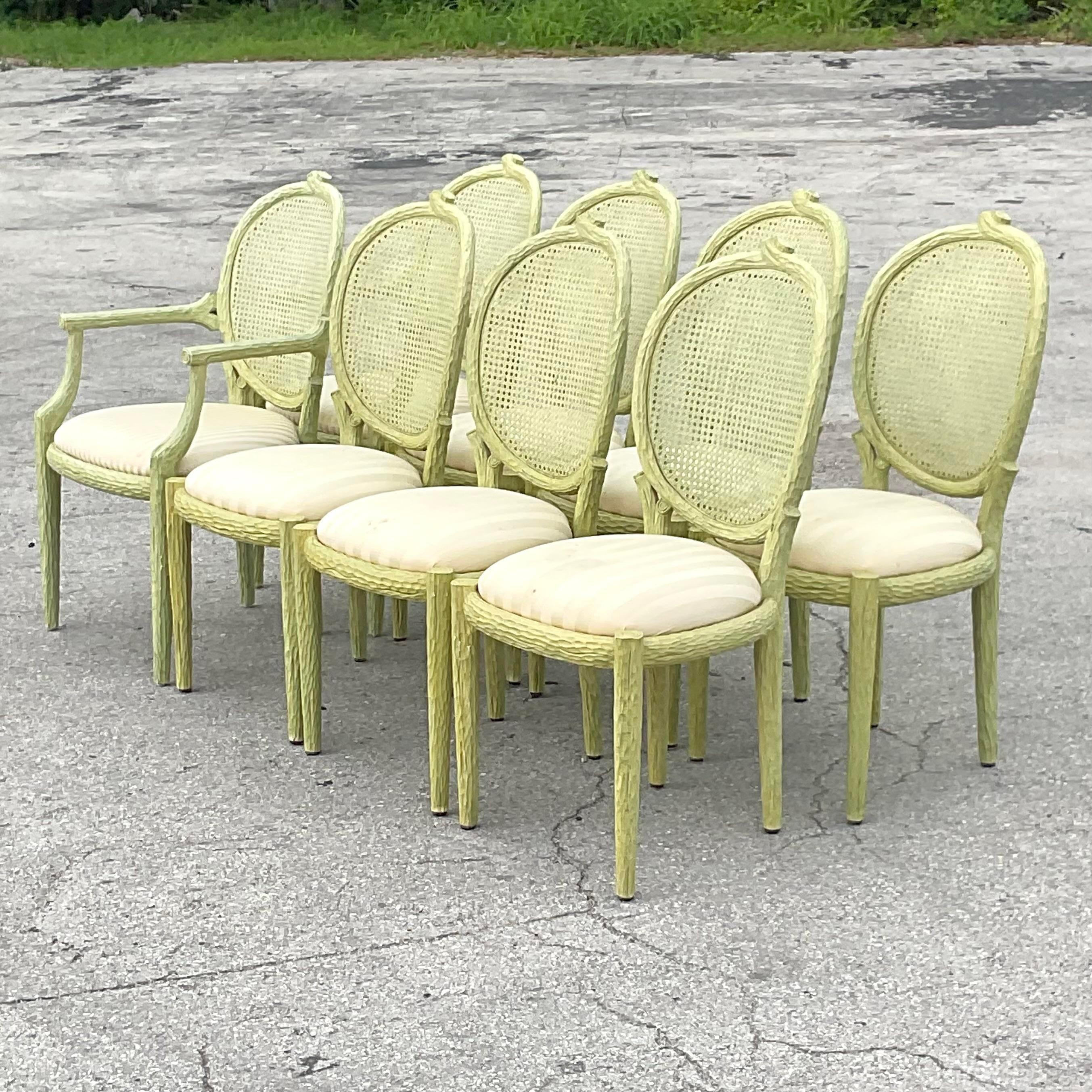 American Vintage Regency Faux Bois and Cane Dining Chairs - Set of 8