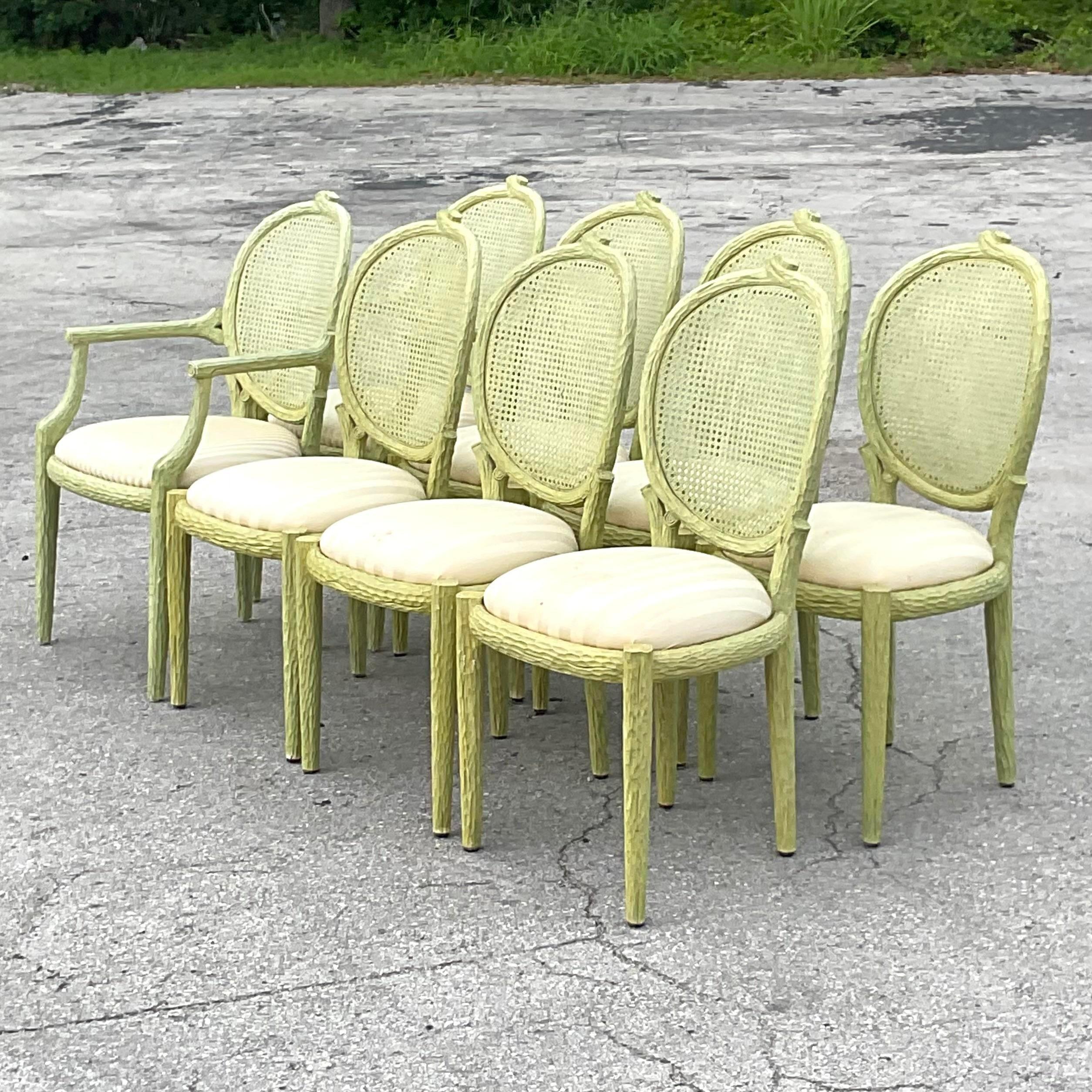 20th Century Vintage Regency Faux Bois and Cane Dining Chairs - Set of 8