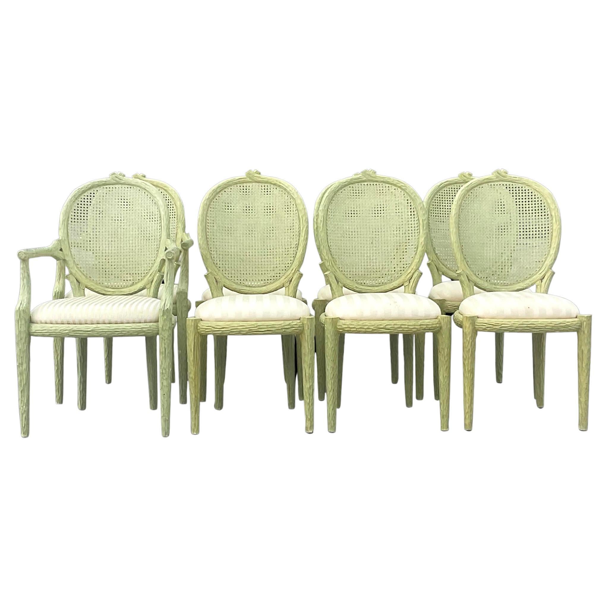 Vintage Regency Faux Bois and Cane Dining Chairs - Set of 8