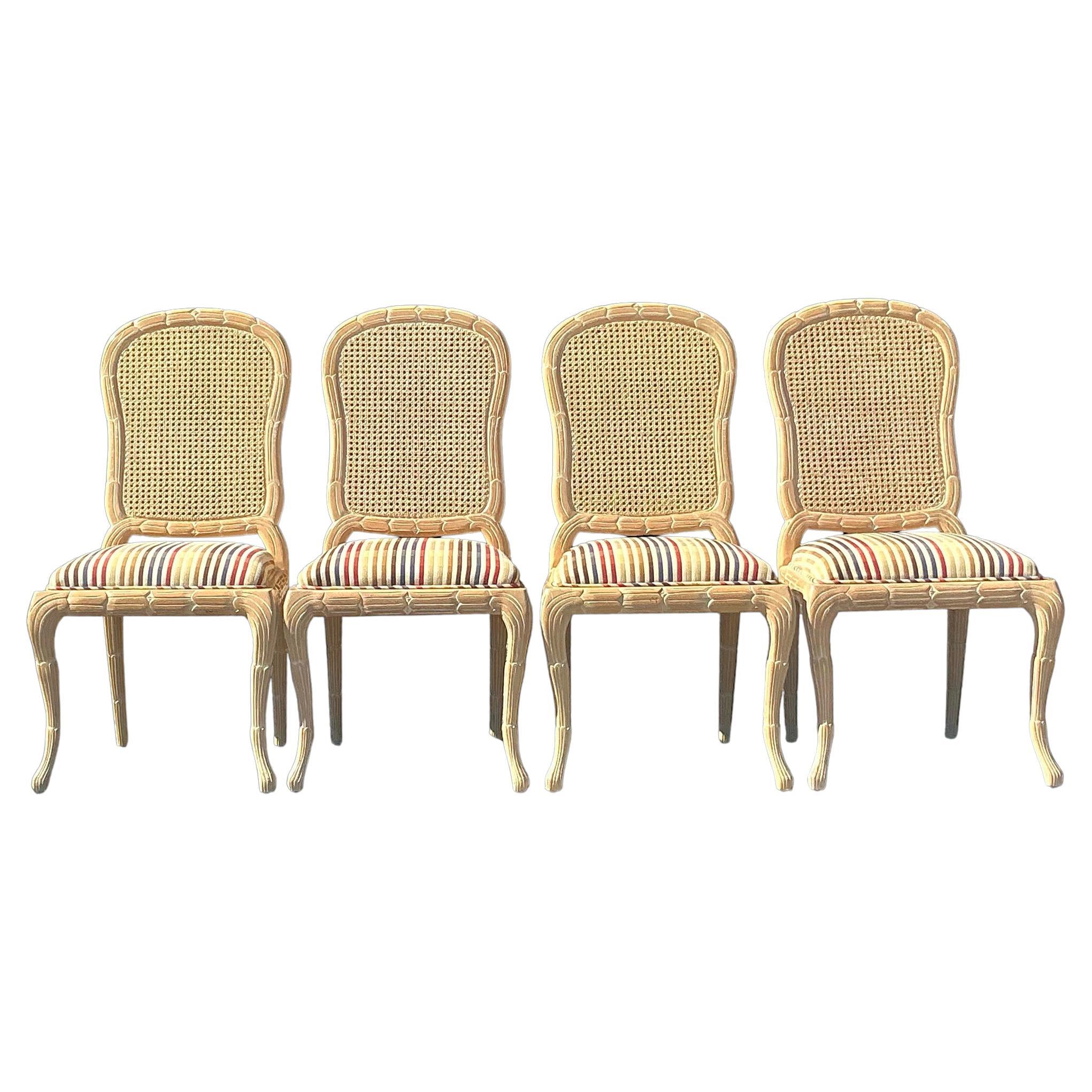 Vintage Regency Faux Bois Cane Dining Chairs - Set of 4