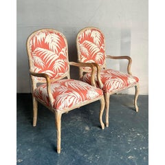 Vintage Regency Faux Bois Fauteuils in Quadrille “Martinique Reverse” - A Pair