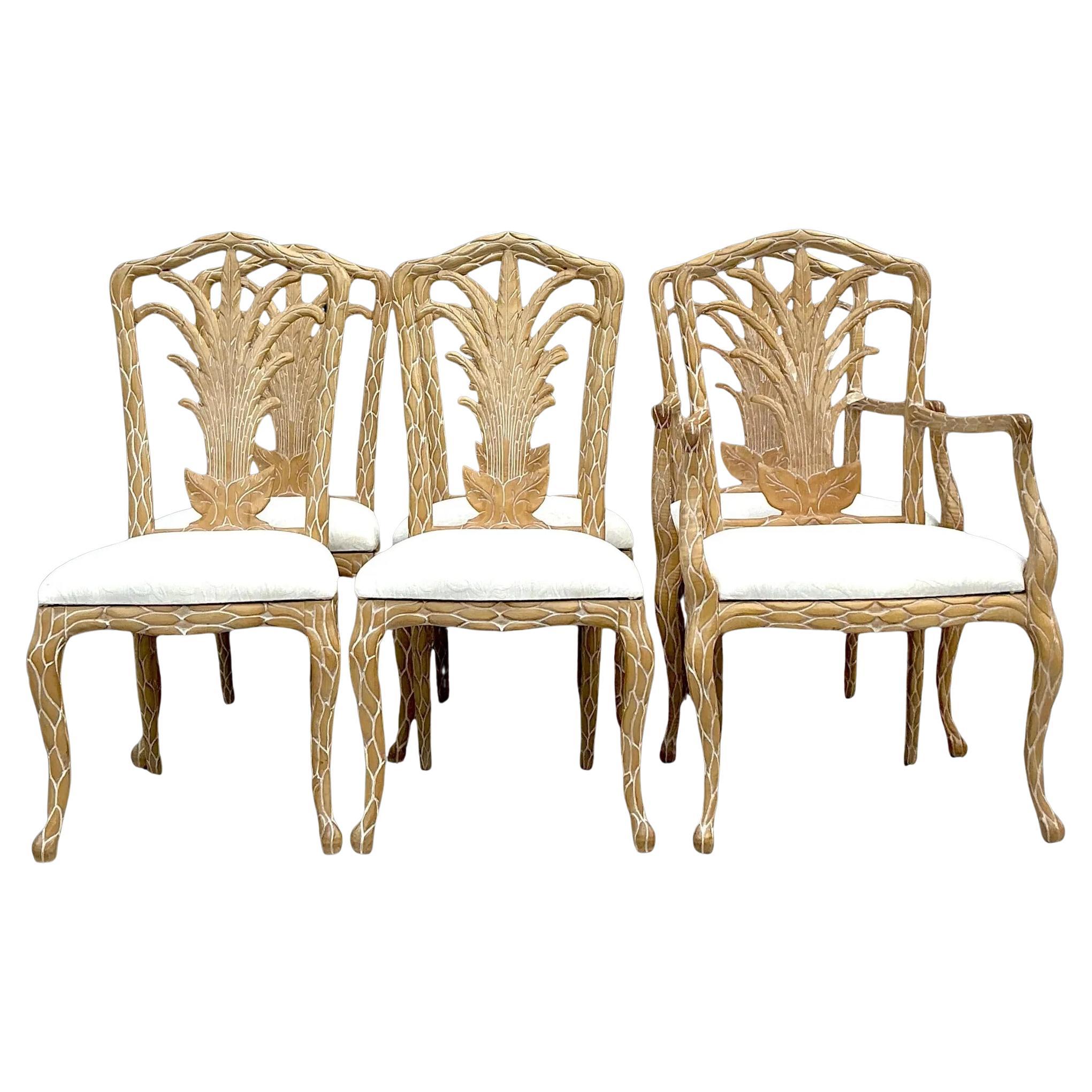 Vintage Regency Faux Bois Palm Dining Chairs - Set of 6