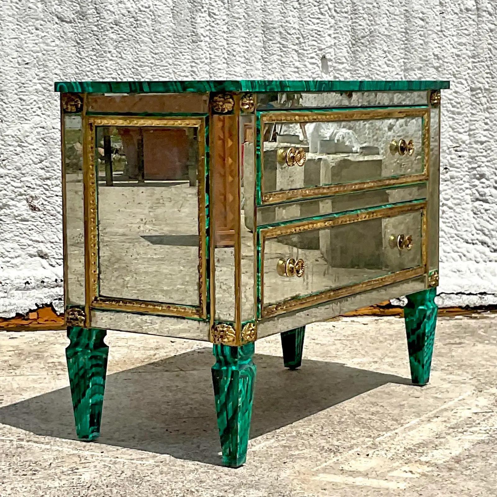 Vintage Regency Faux Finished Malachite and Mirrored Chest of Drawers For Sale 5